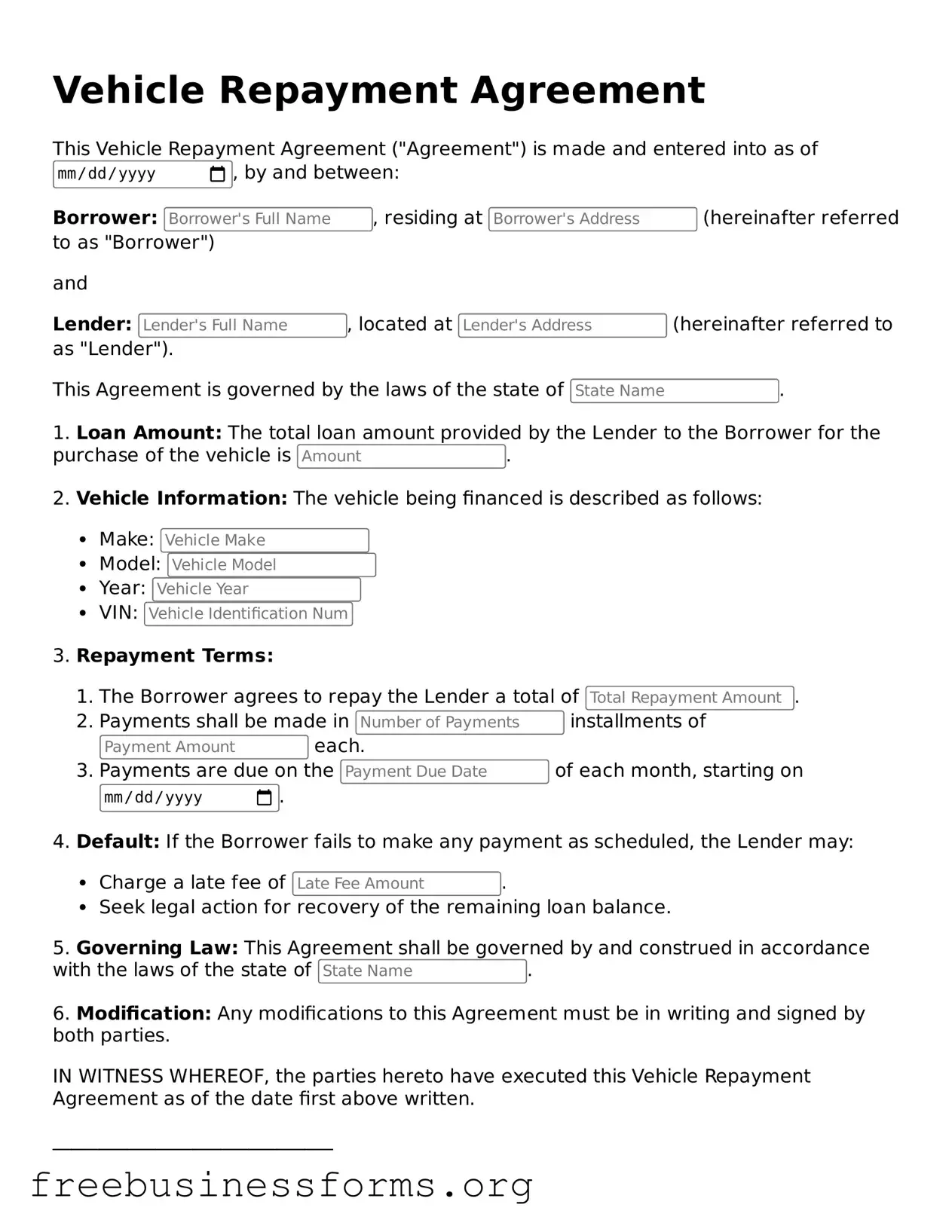Official Vehicle Repayment Agreement Form