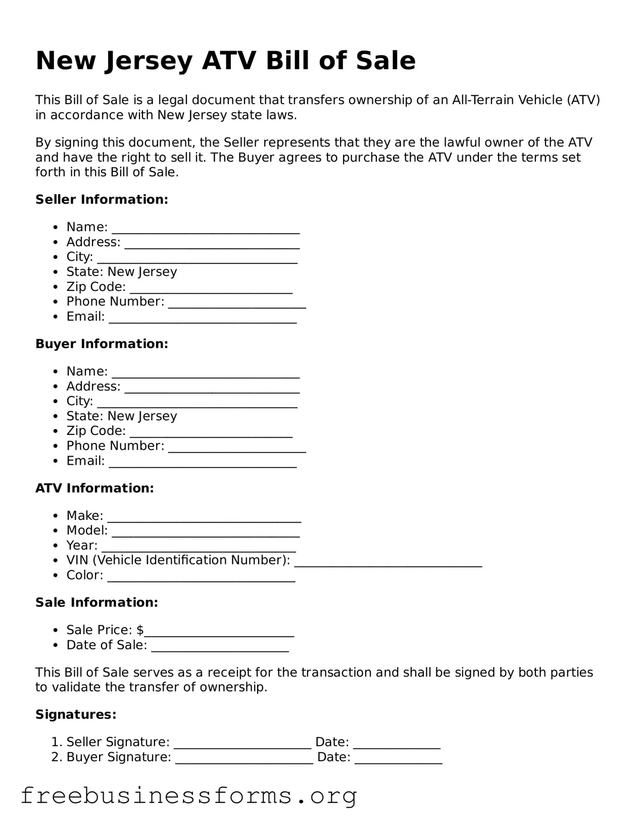 Blank  ATV Bill of Sale Template for New Jersey
