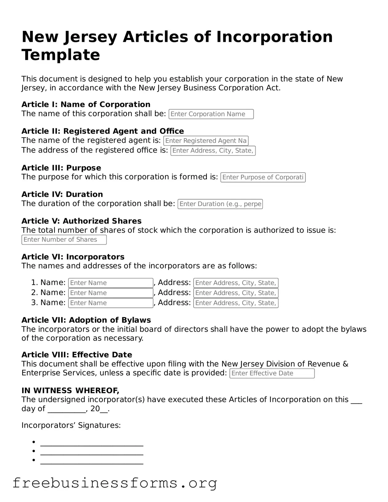 Blank Articles of Incorporation Template for New Jersey