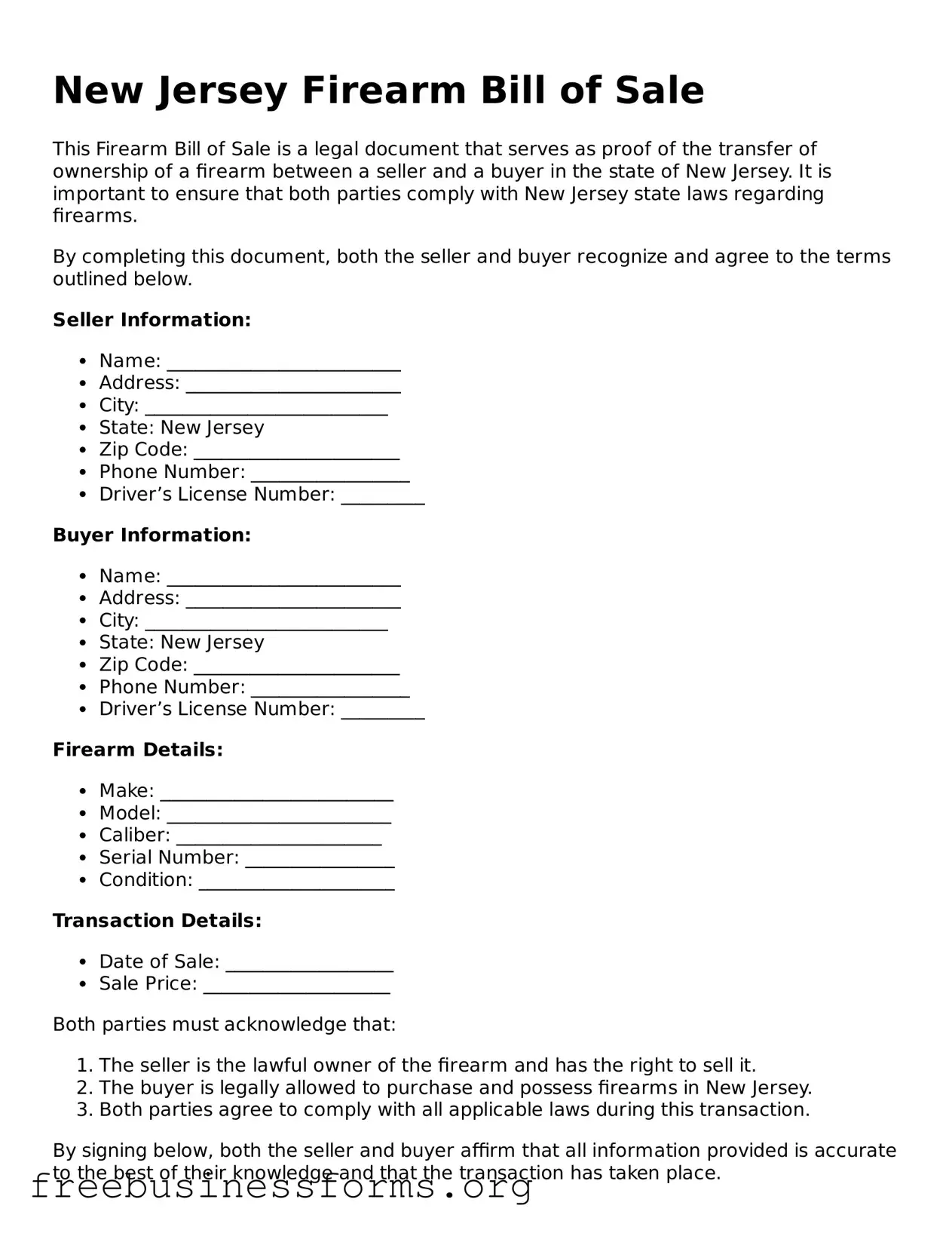 Blank  Firearm Bill of Sale Template for New Jersey