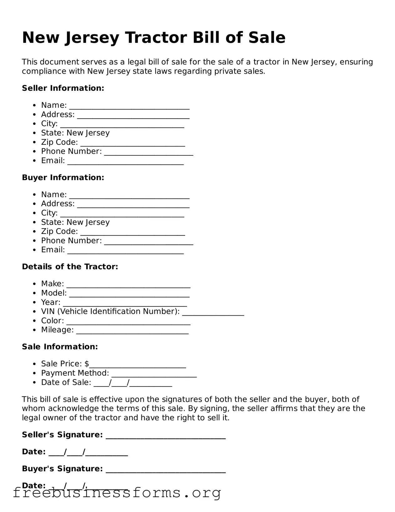 Blank  Tractor Bill of Sale Template for New Jersey