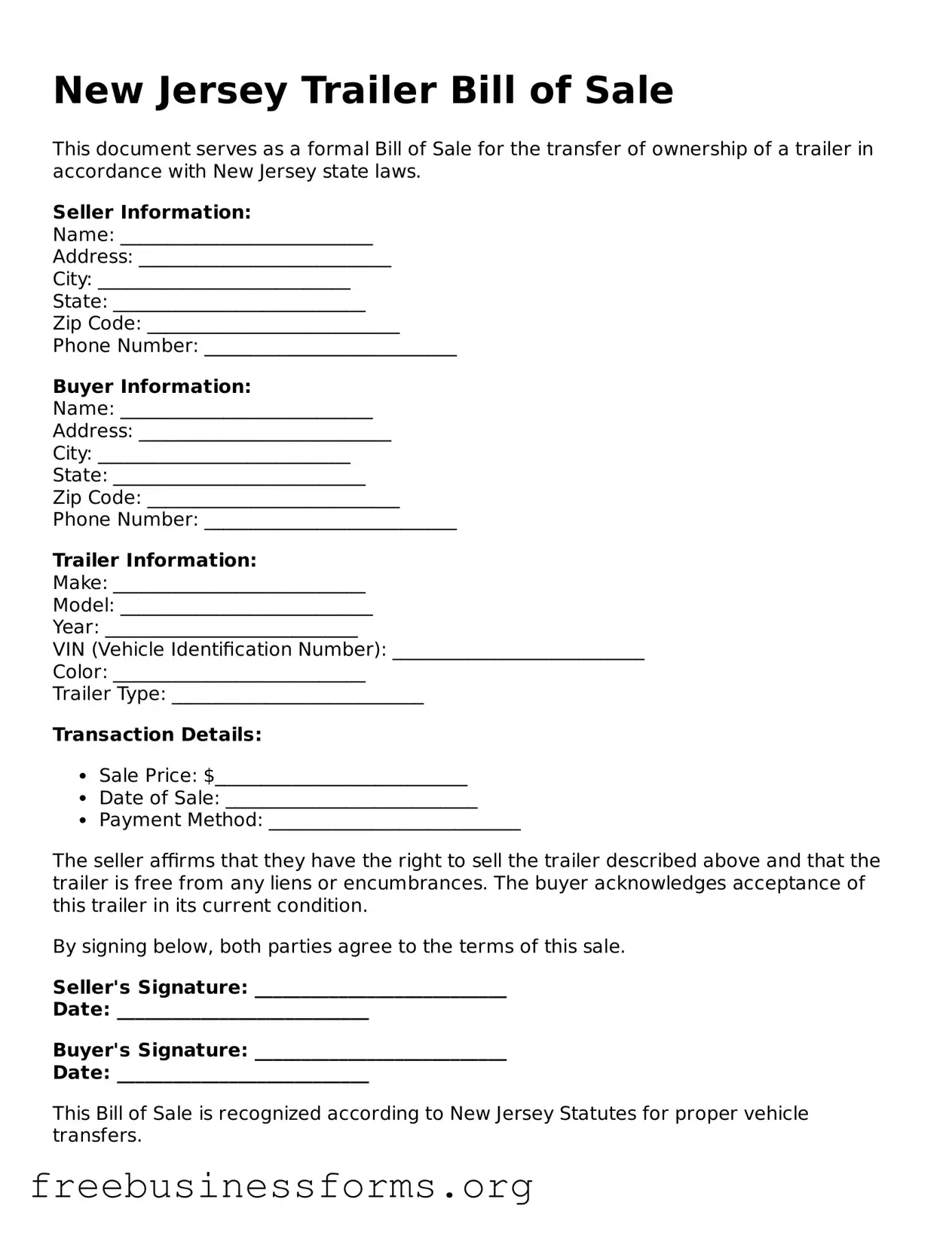 Blank  Trailer Bill of Sale Template for New Jersey