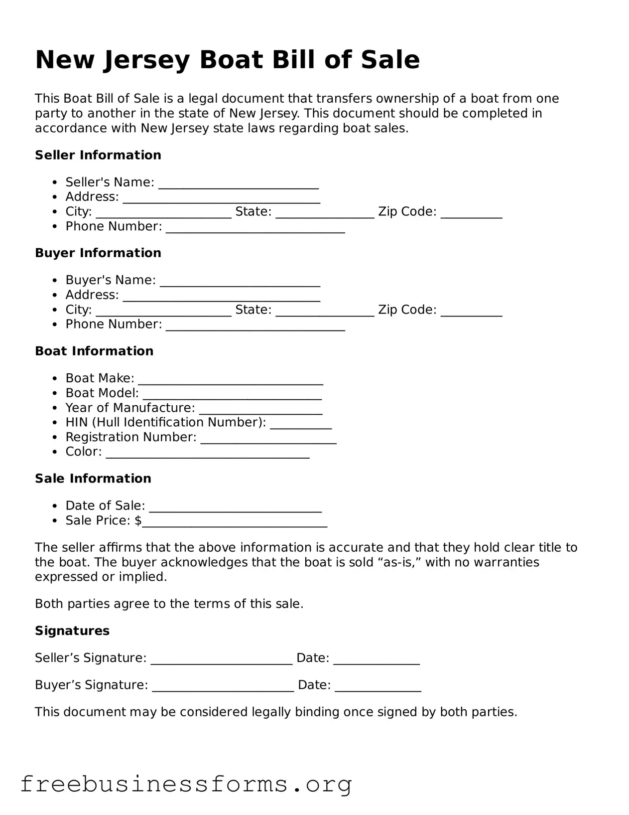 Blank  Boat Bill of Sale Template for New Jersey