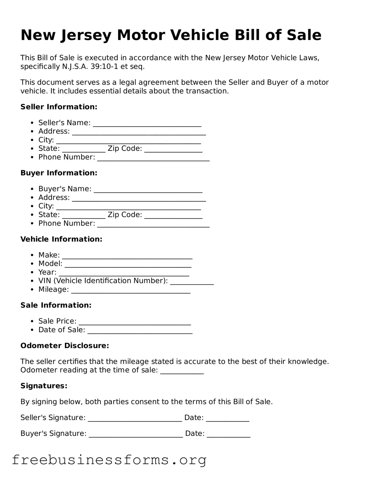 Blank  Motor Vehicle Bill of Sale Template for New Jersey