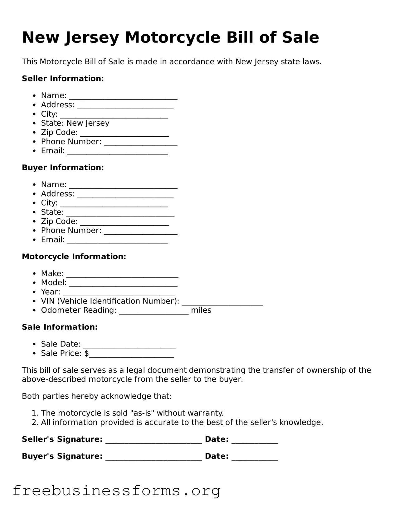 Blank  Motorcycle Bill of Sale Template for New Jersey