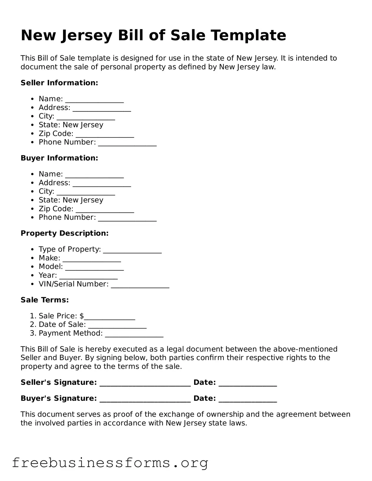 Blank  Bill of Sale Template for New Jersey