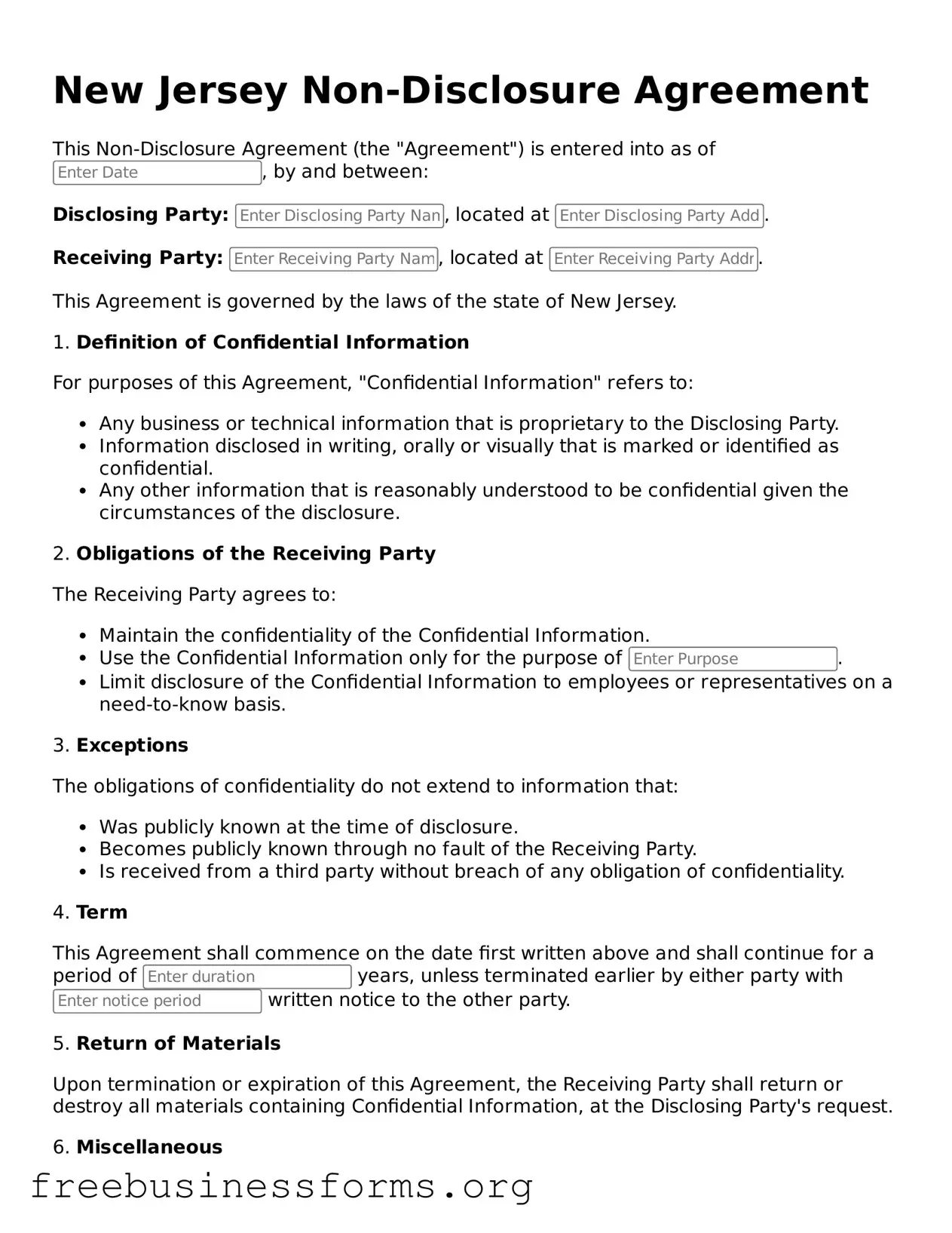 Blank Non-disclosure Agreement Template for New Jersey