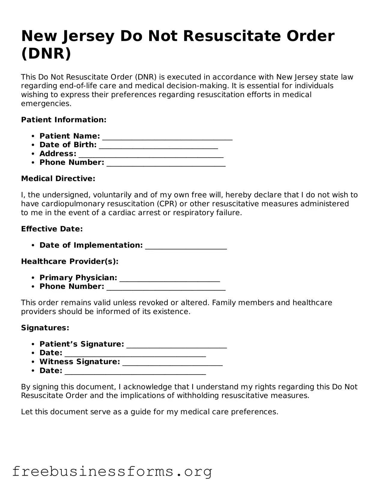 Blank  Do Not Resuscitate Order Template for New Jersey