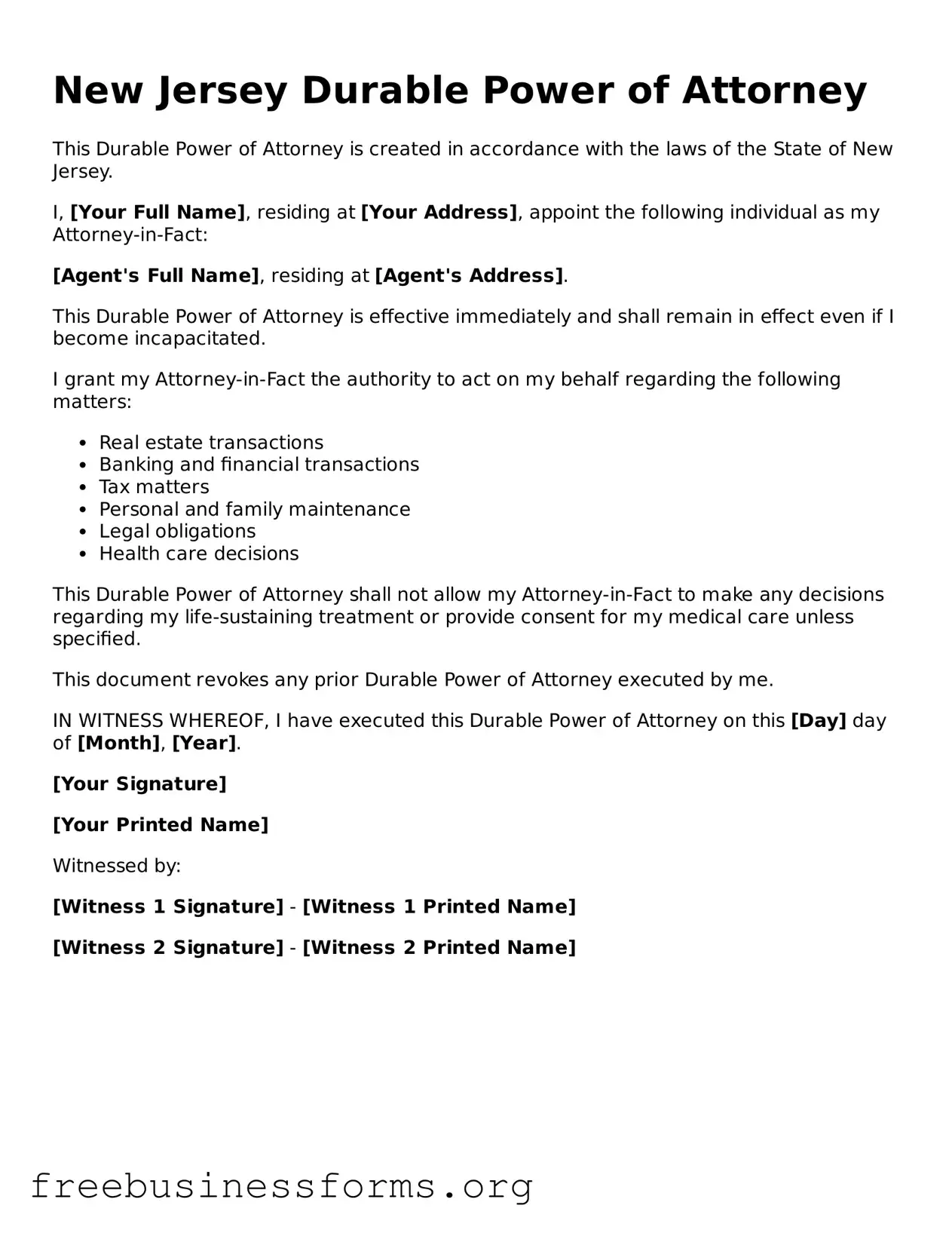 Blank  Durable Power of Attorney Template for New Jersey