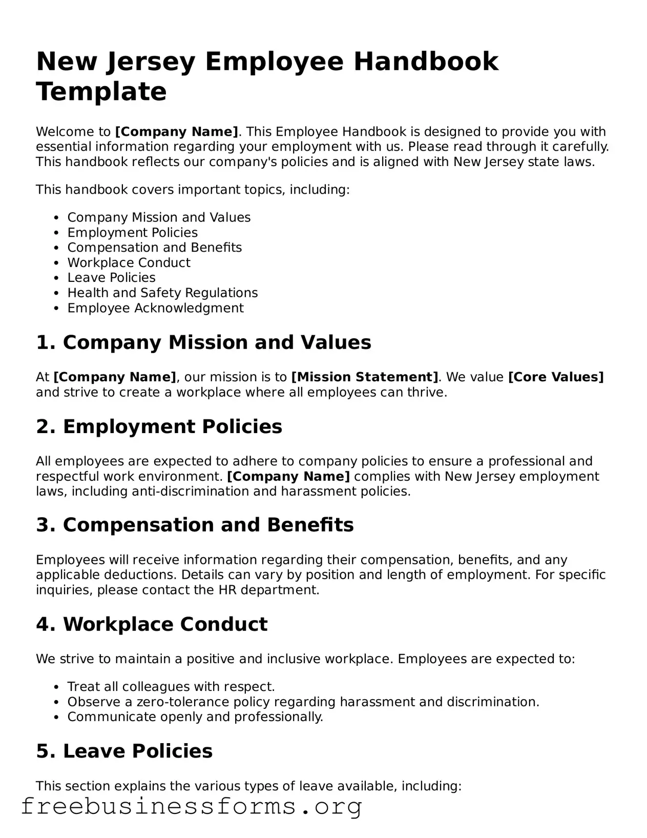 Blank  Employee Handbook Template for New Jersey