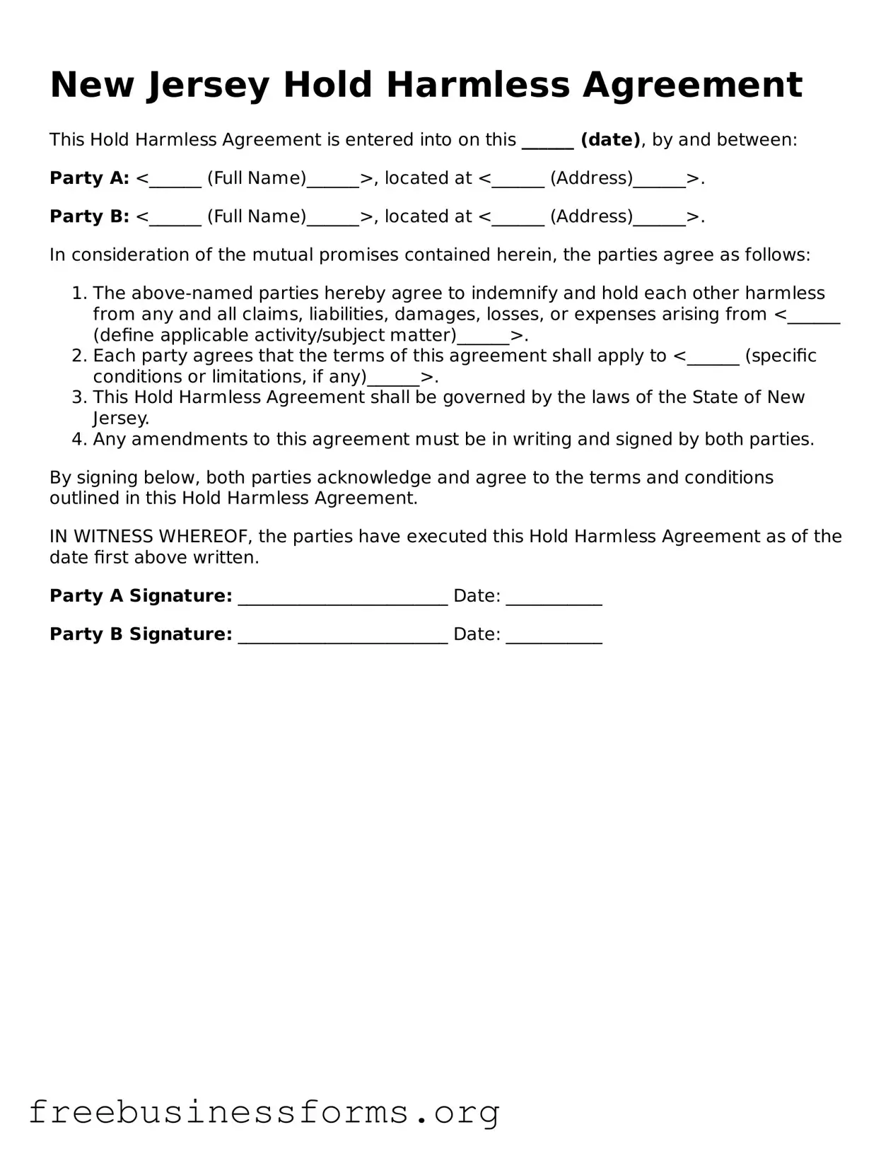 Blank  Hold Harmless Agreement Template for New Jersey