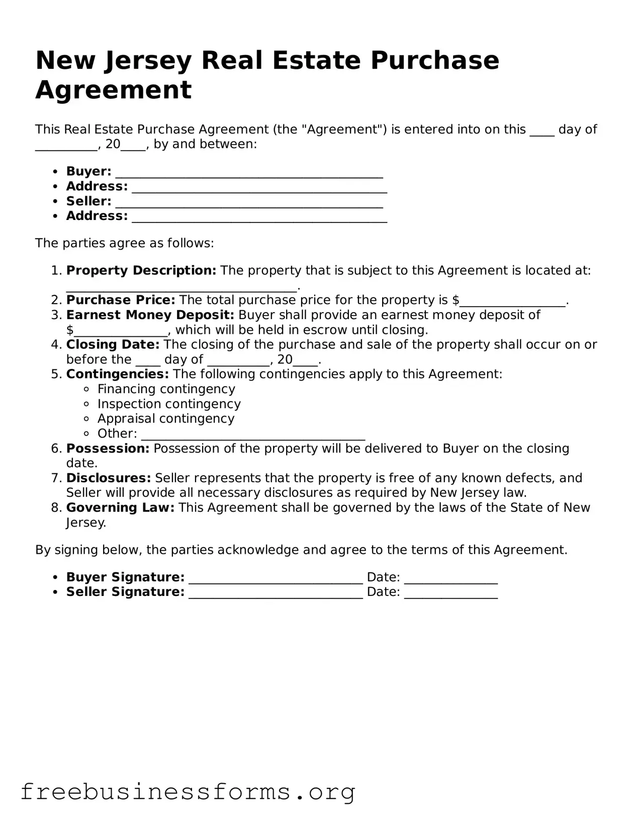 Blank Real Estate Purchase Agreement Template for New Jersey