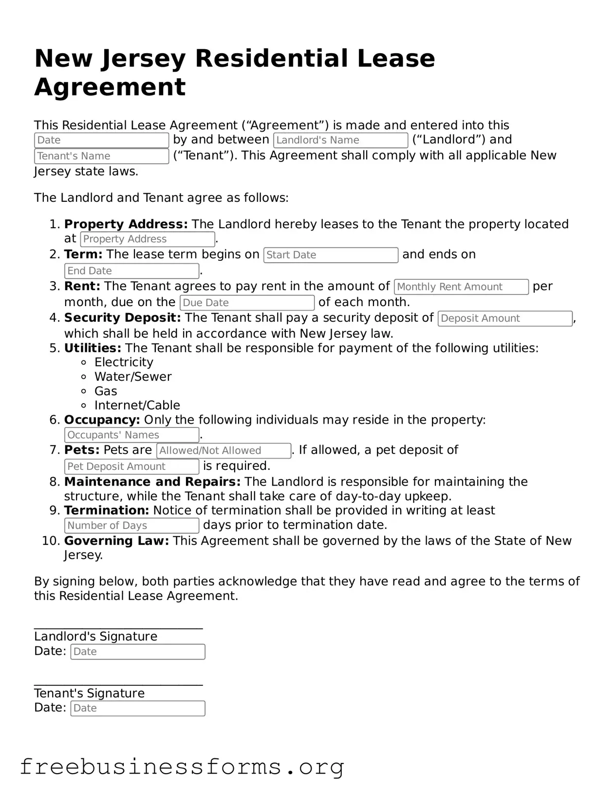 Blank  Residential Lease Agreement Template for New Jersey