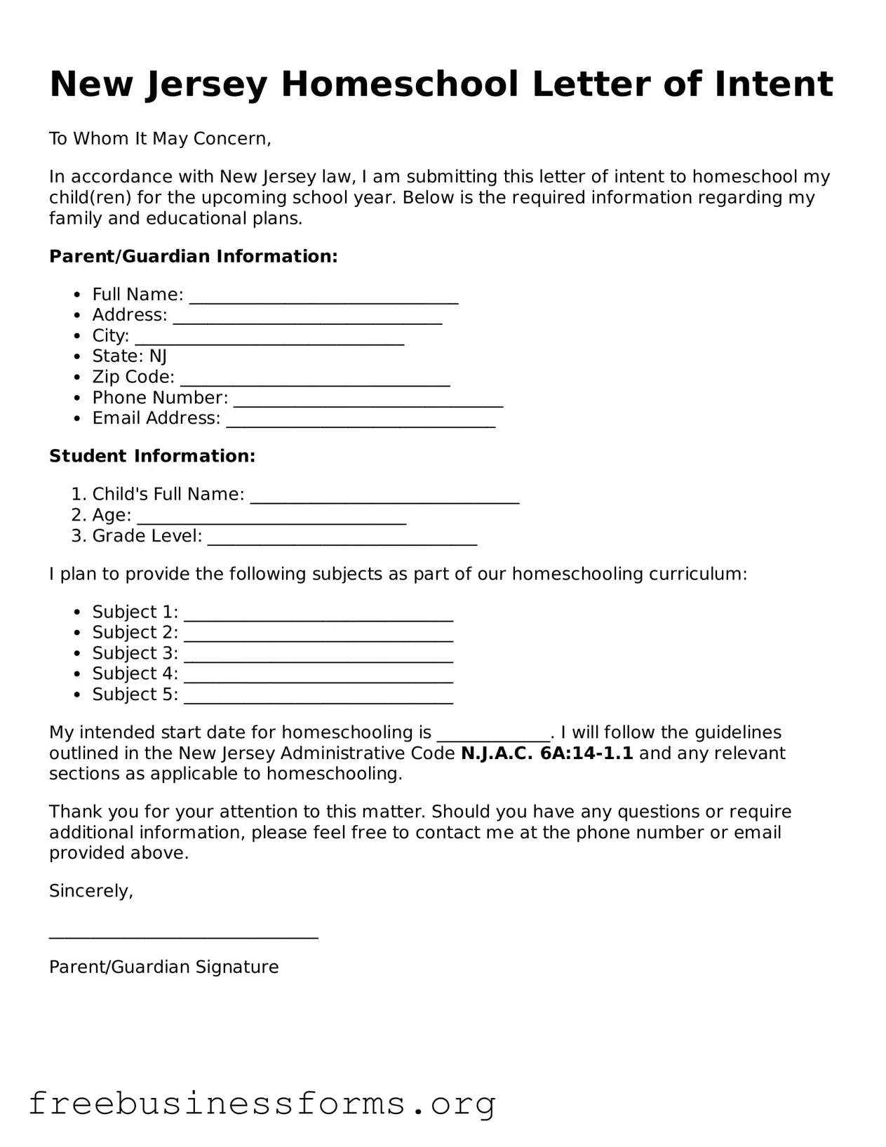 Blank  Homeschool Letter of Intent Template for New Jersey