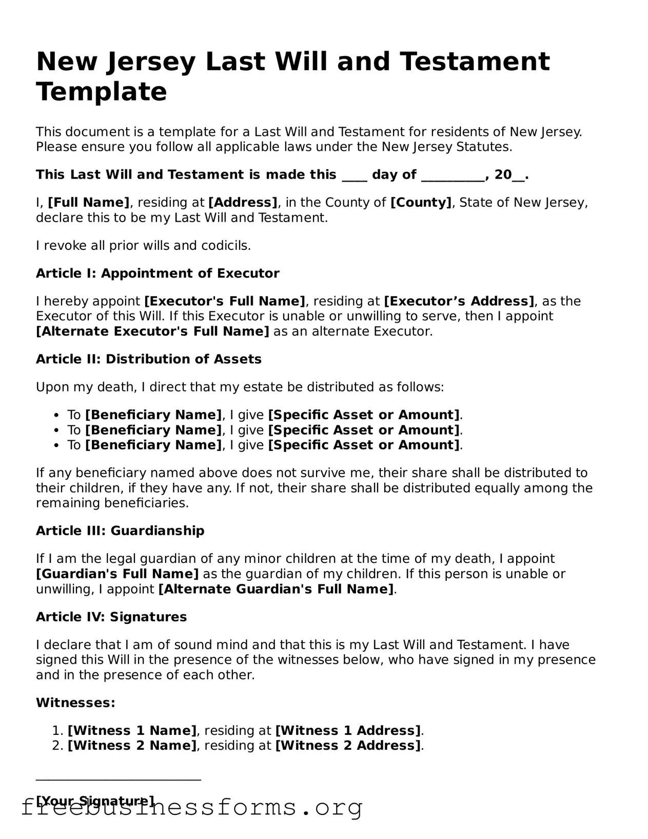 Blank  Last Will and Testament Template for New Jersey