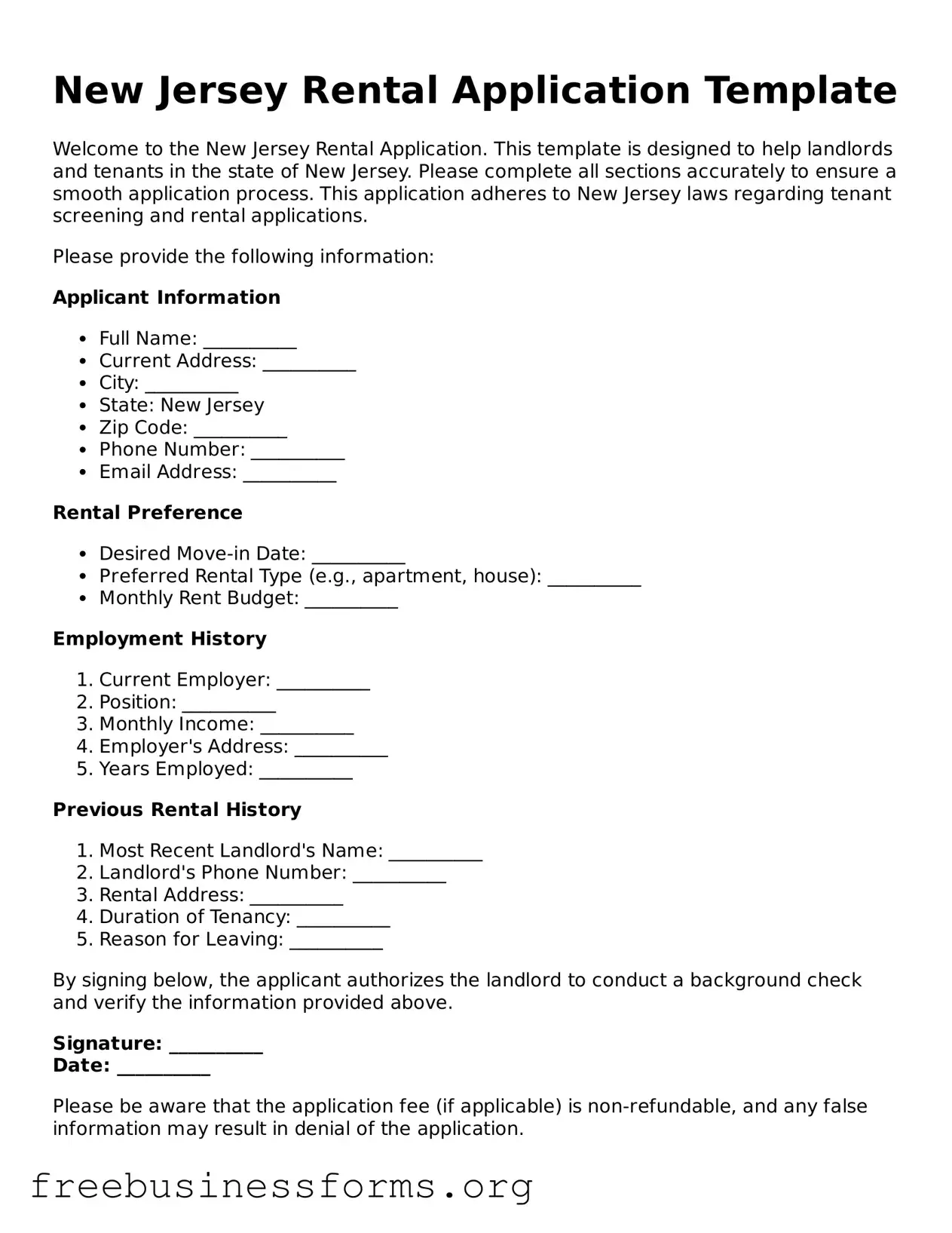 Blank  Rental Application Template for New Jersey