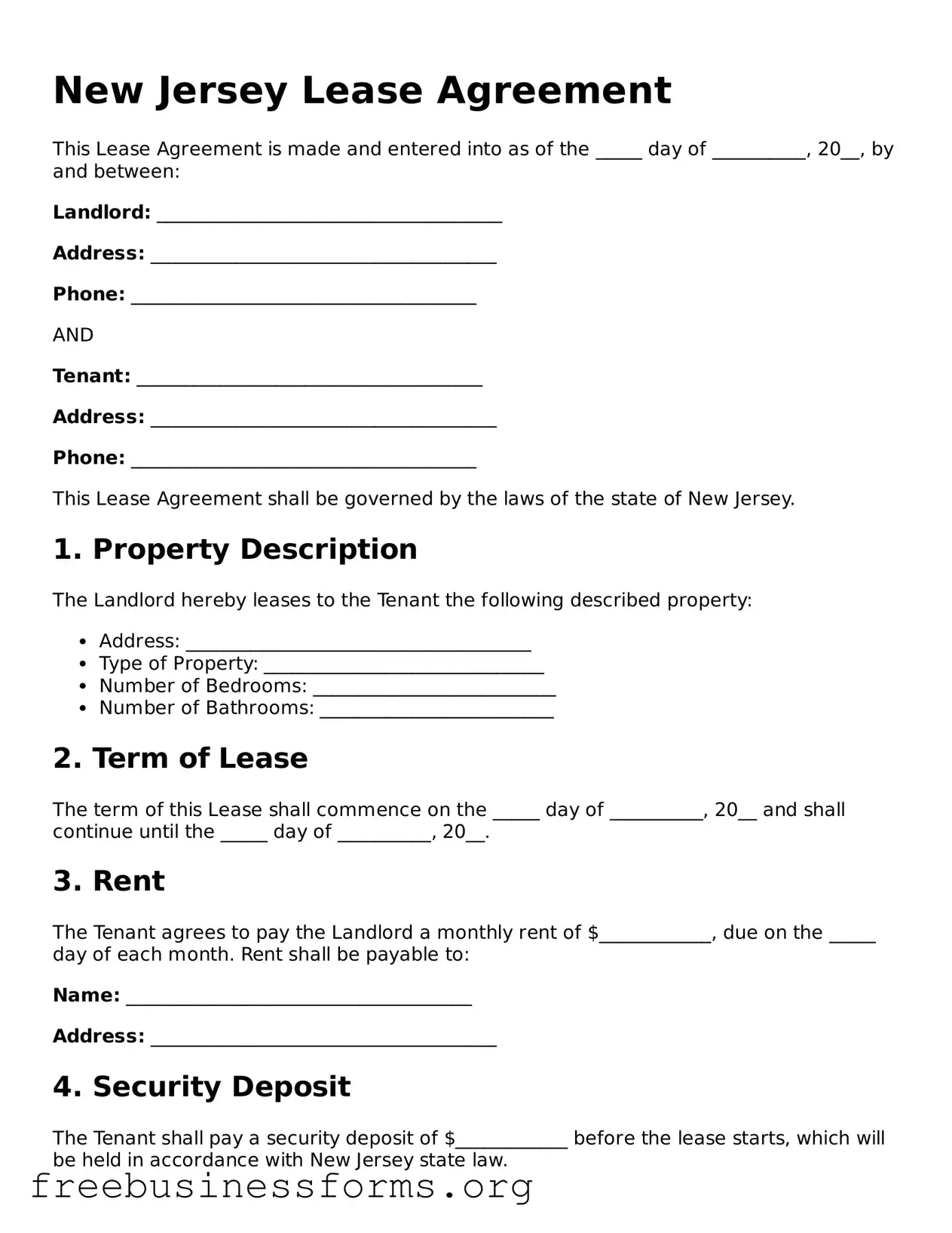Blank  Lease Agreement Template for New Jersey