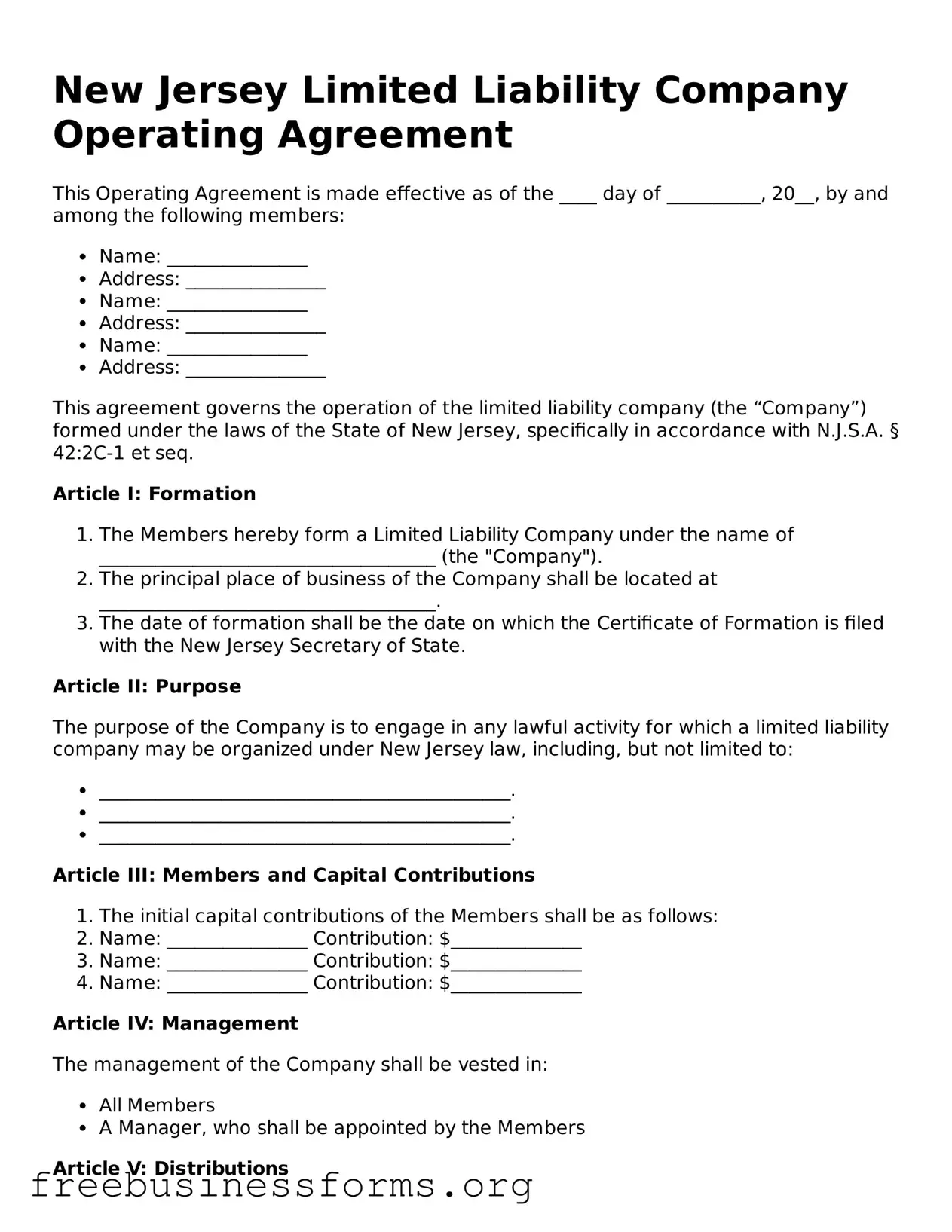 Blank  Operating Agreement Template for New Jersey