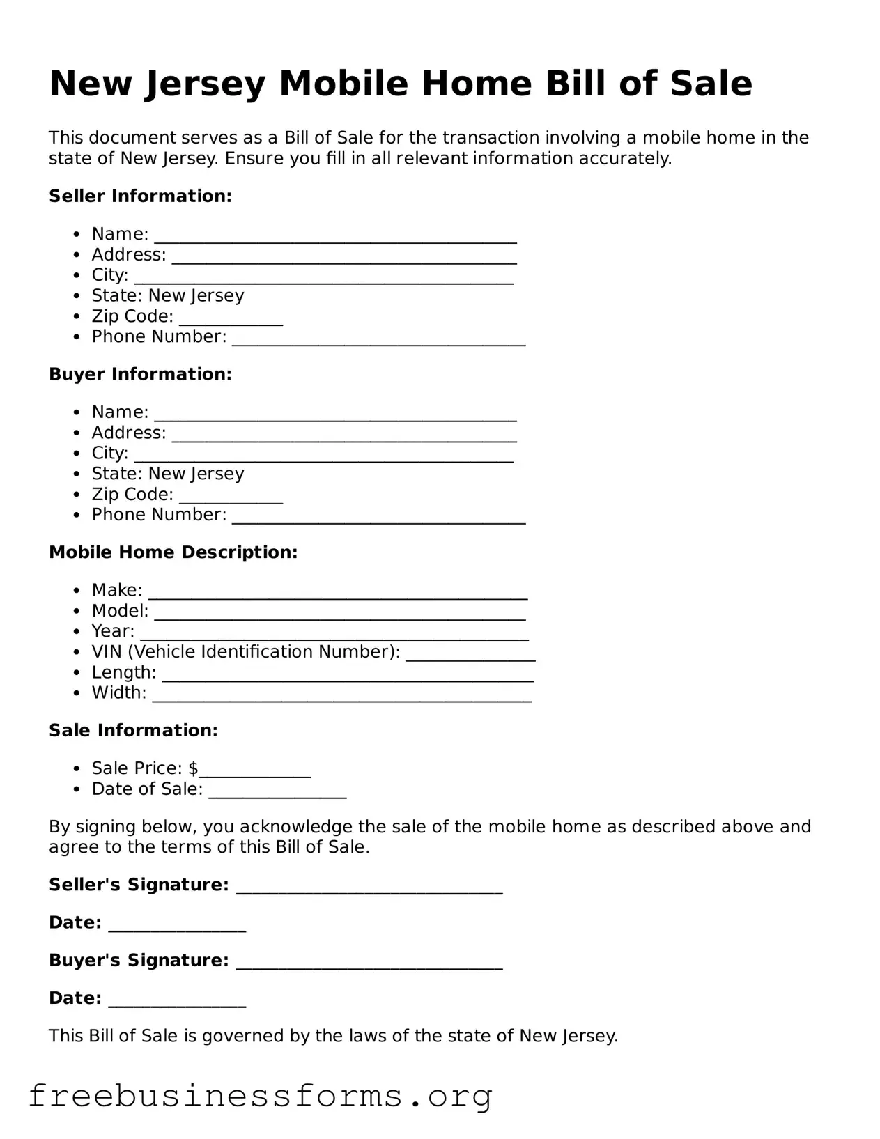 Blank  Mobile Home Bill of Sale Template for New Jersey
