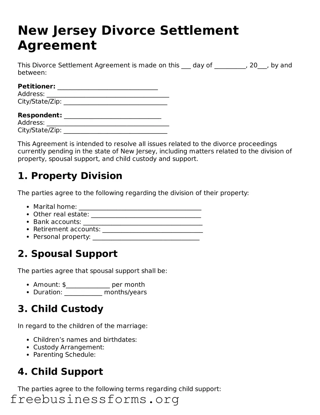 Blank  Divorce Settlement Agreement Template for New Jersey