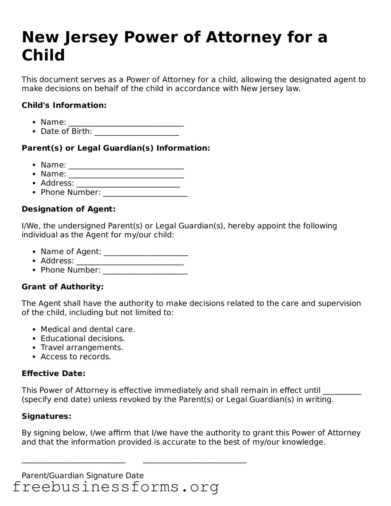 Blank  Power of Attorney for a Child Template for New Jersey