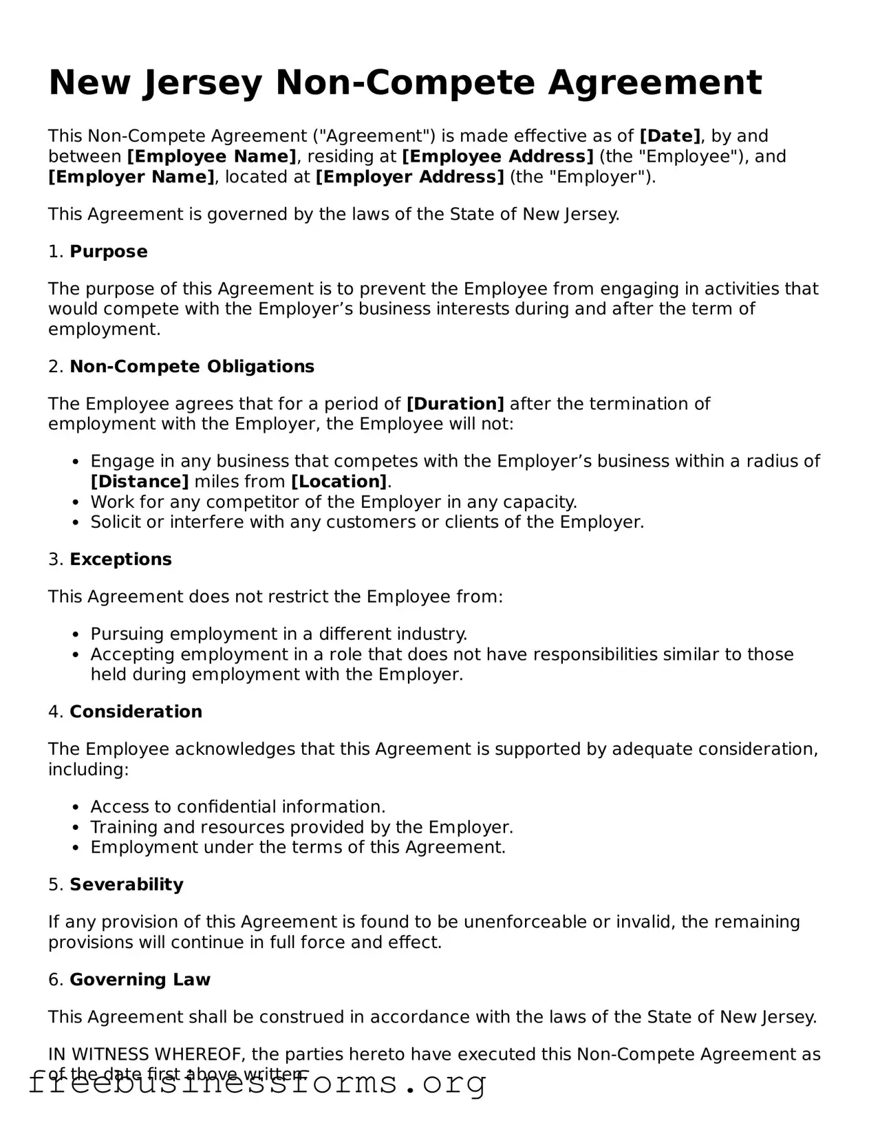 Blank  Non-compete Agreement Template for New Jersey