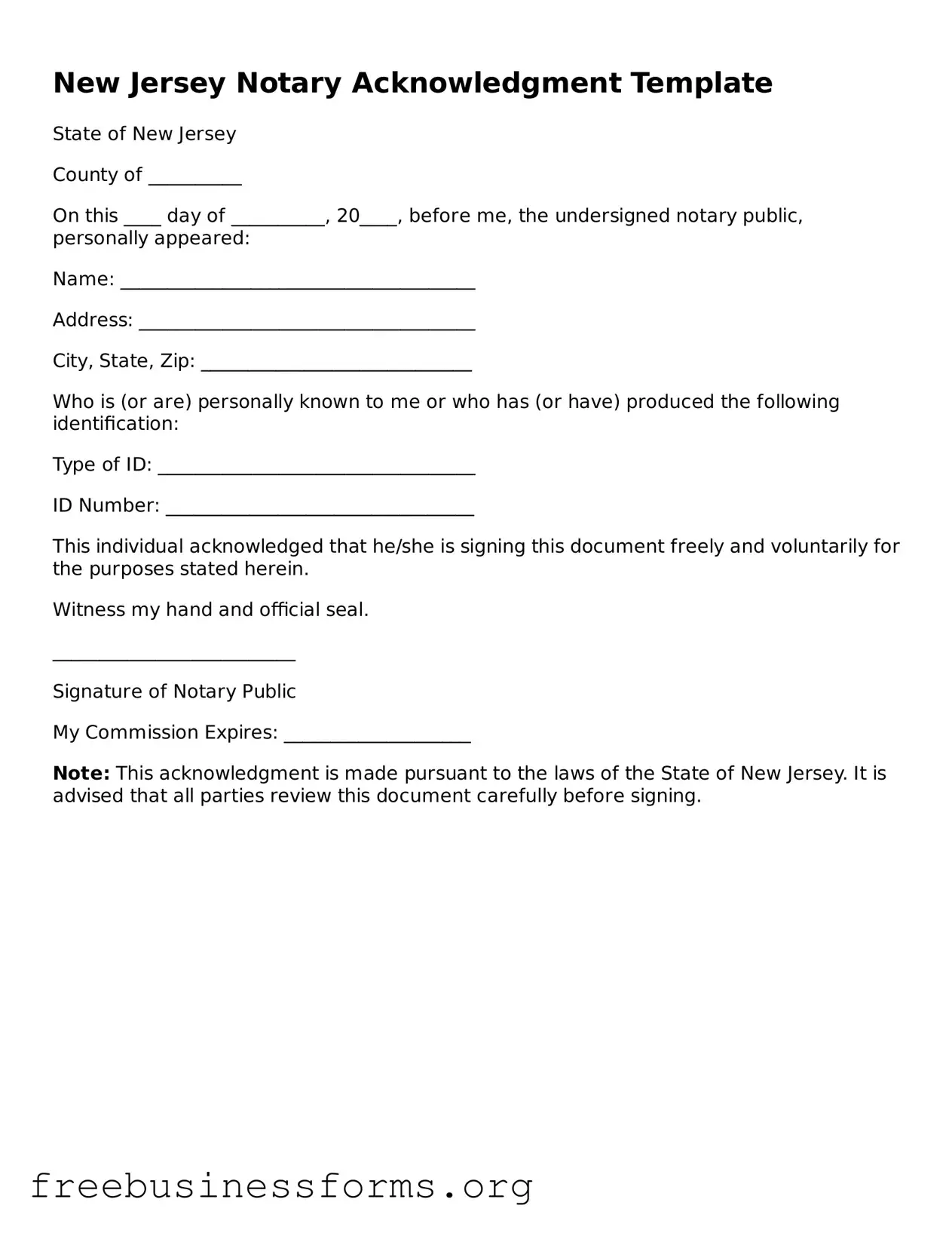 Blank Notary Acknowledgement Template for New Jersey