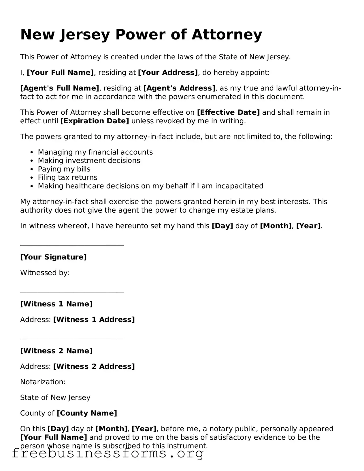 Blank  Power of Attorney Template for New Jersey