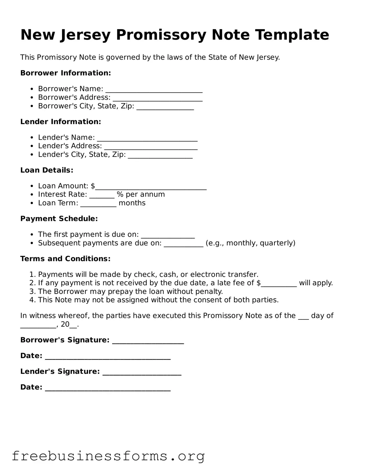 Blank  Promissory Note Template for New Jersey