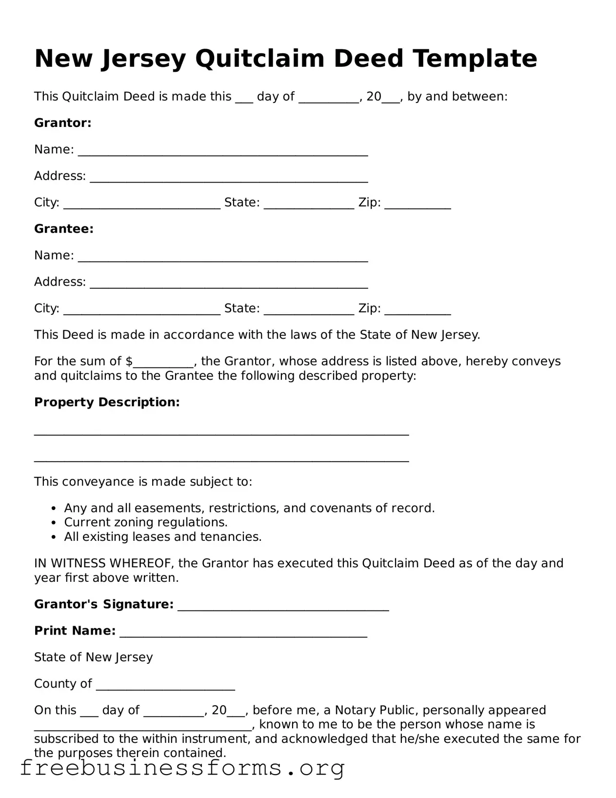 Blank  Quitclaim Deed Template for New Jersey