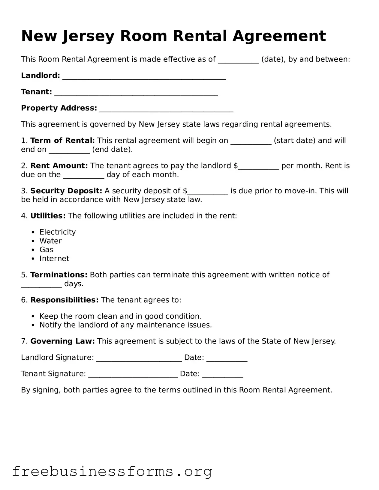 Blank  Room Rental Agreement Template for New Jersey