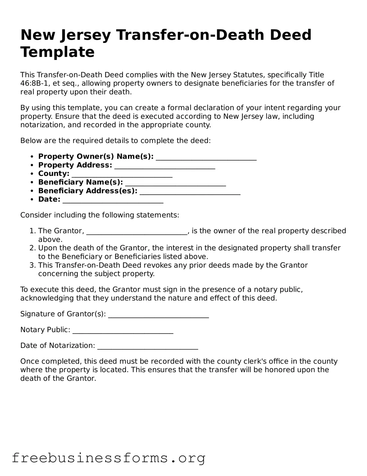 Blank  Transfer-on-Death Deed Template for New Jersey