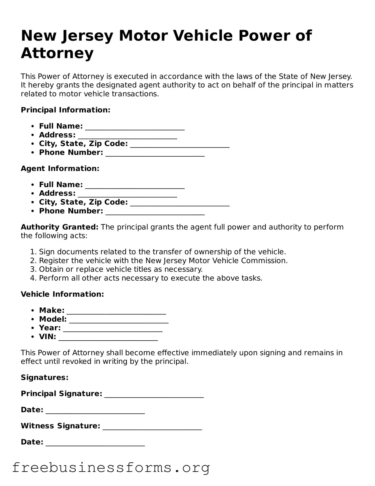 Blank  Motor Vehicle Power of Attorney Template for New Jersey