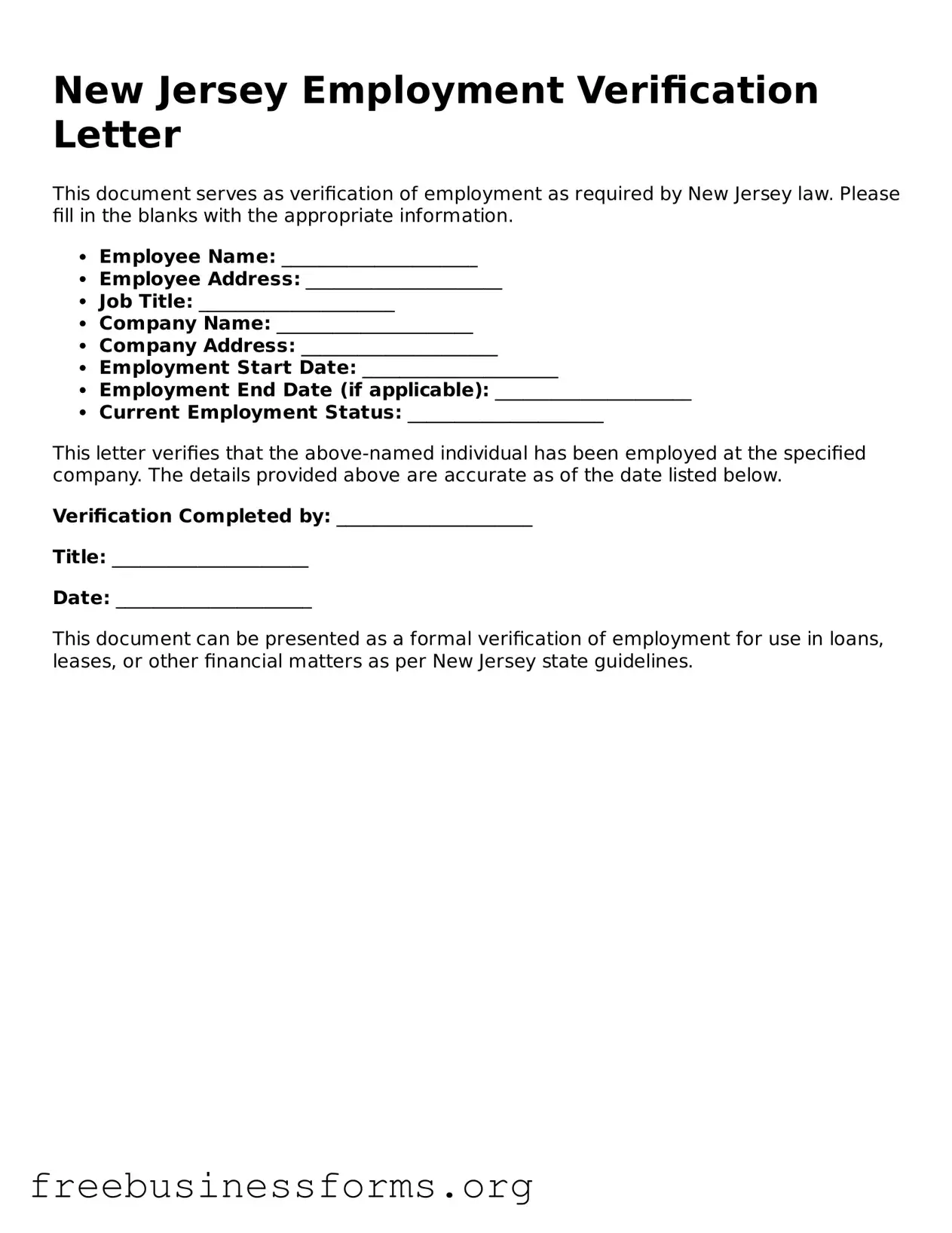 Blank  Employment Verification Template for New Jersey