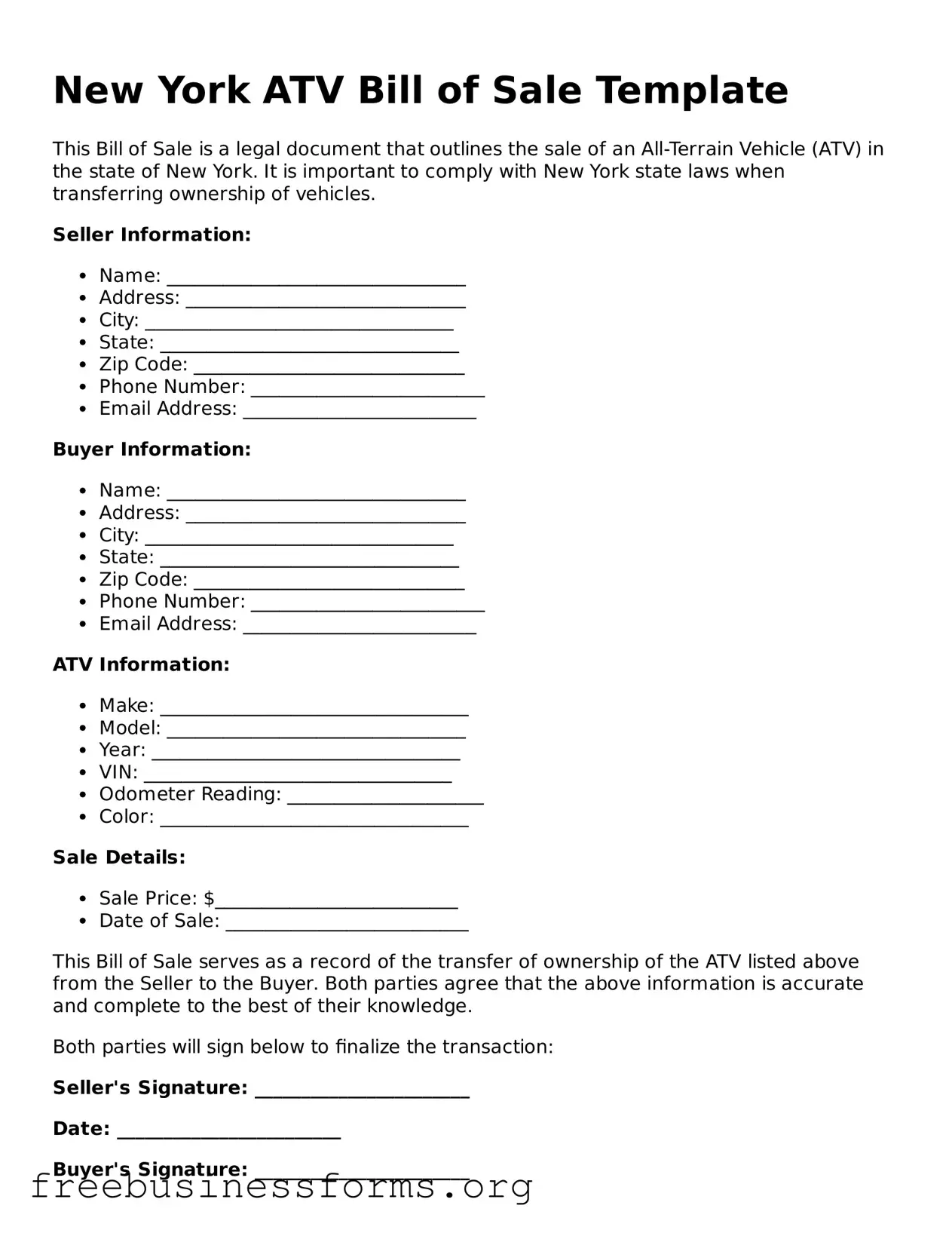 Blank  ATV Bill of Sale Template for New York