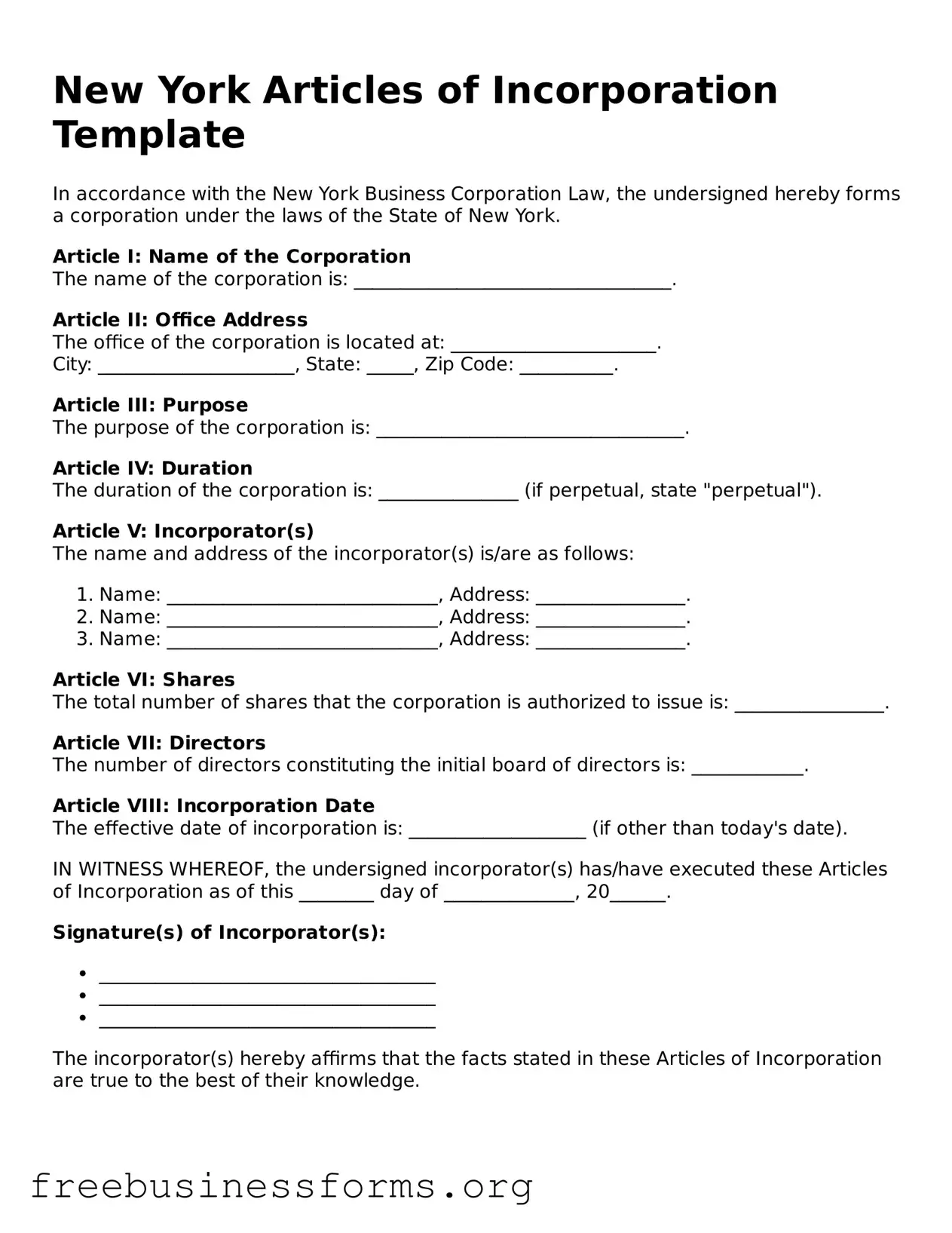 Blank  Articles of Incorporation Template for New York
