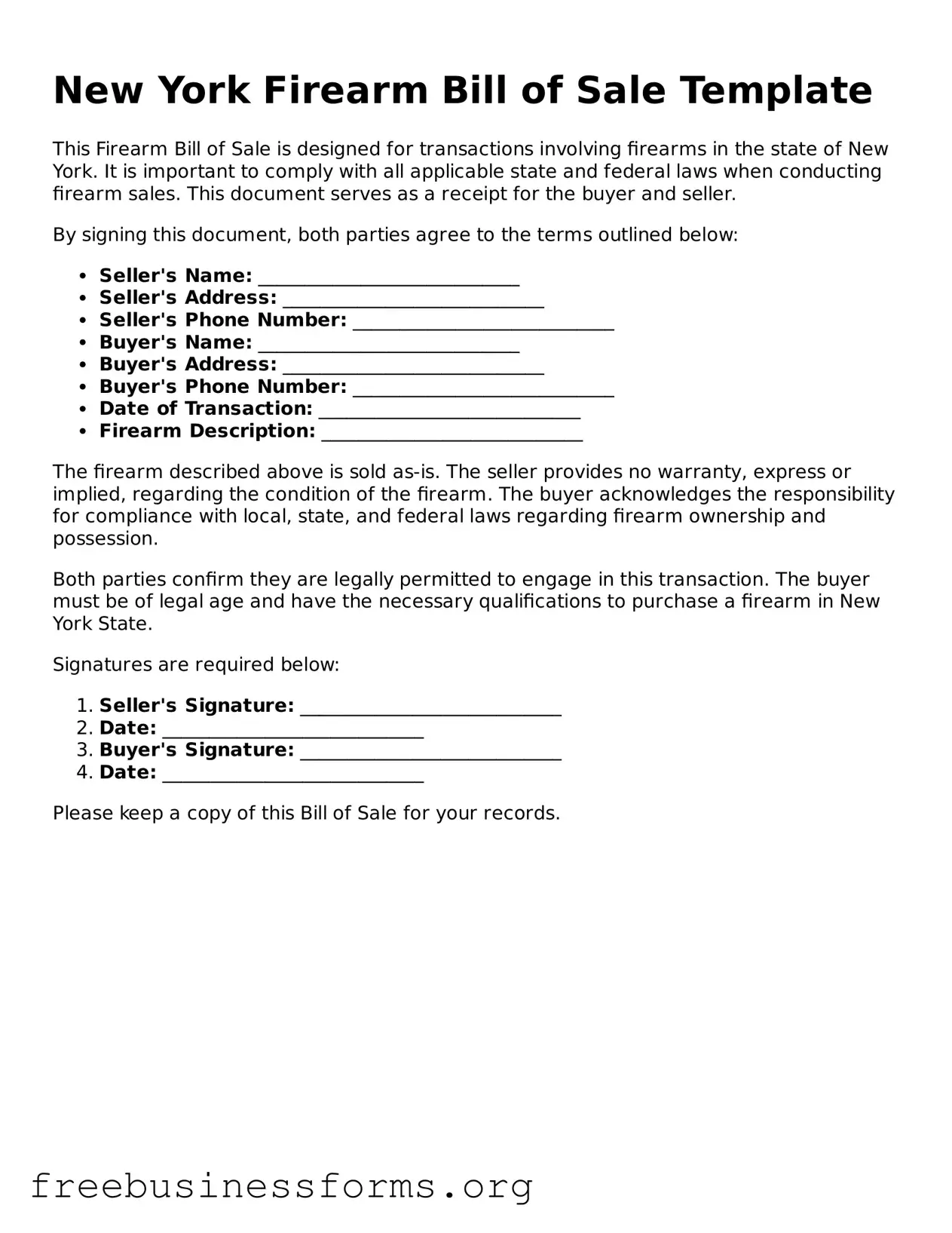Blank  Firearm Bill of Sale Template for New York