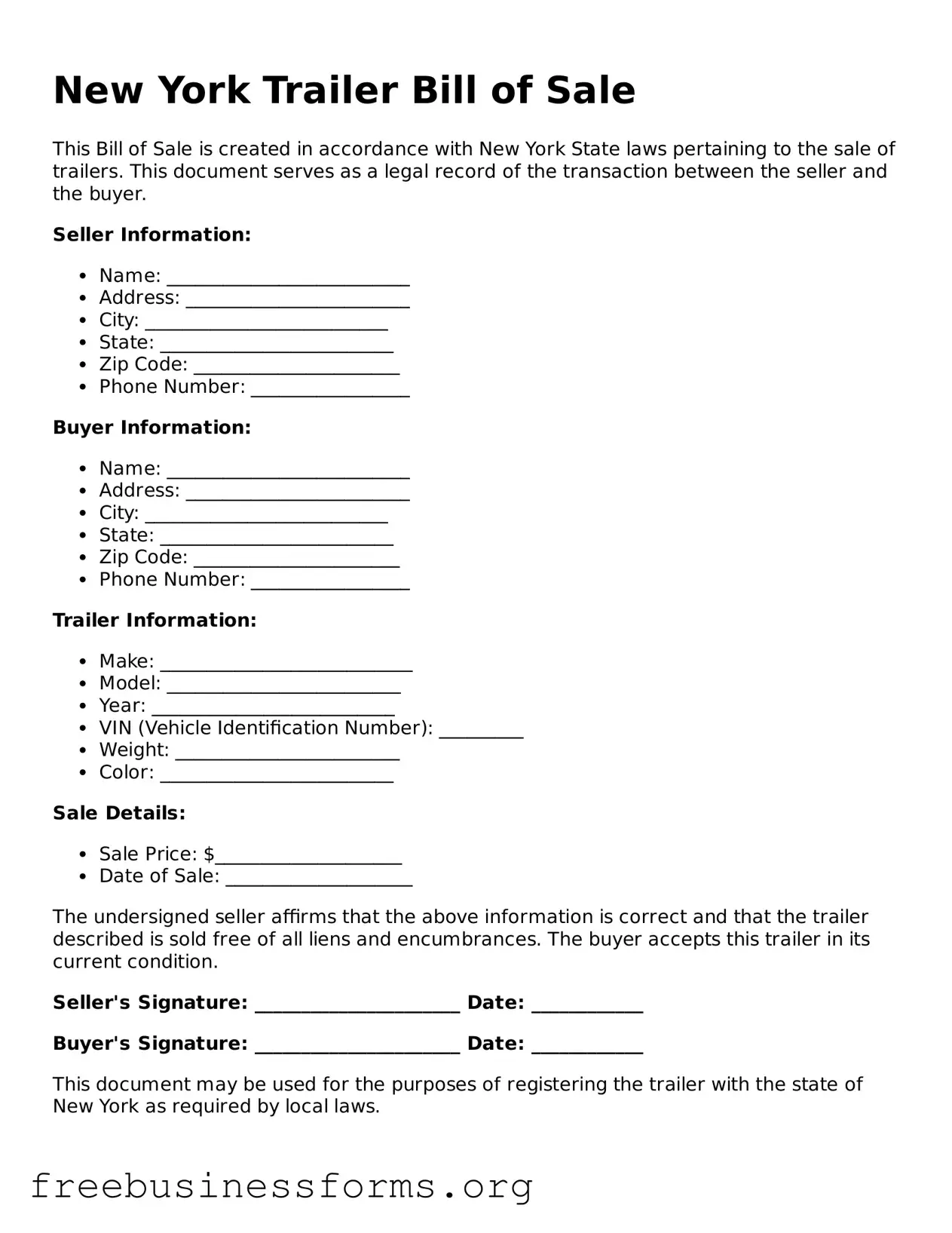 Blank  Trailer Bill of Sale Template for New York