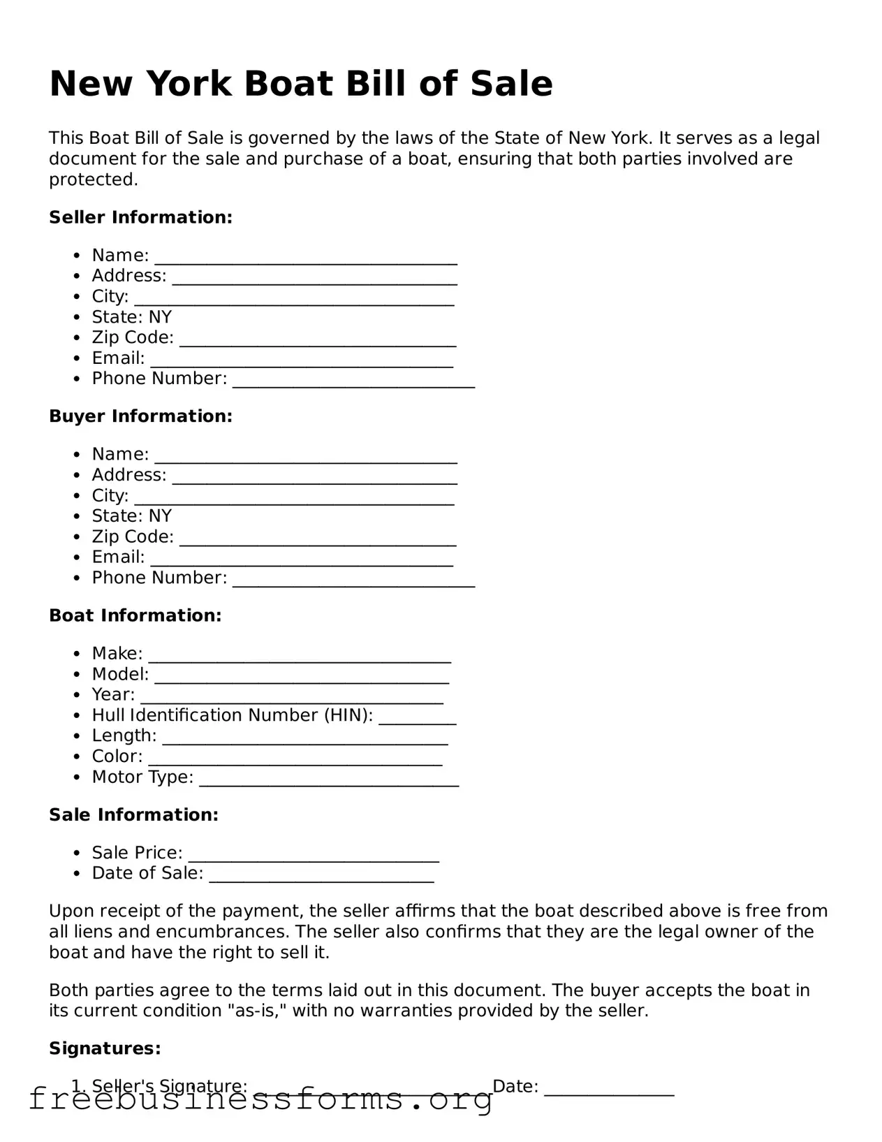 Blank  Boat Bill of Sale Template for New York