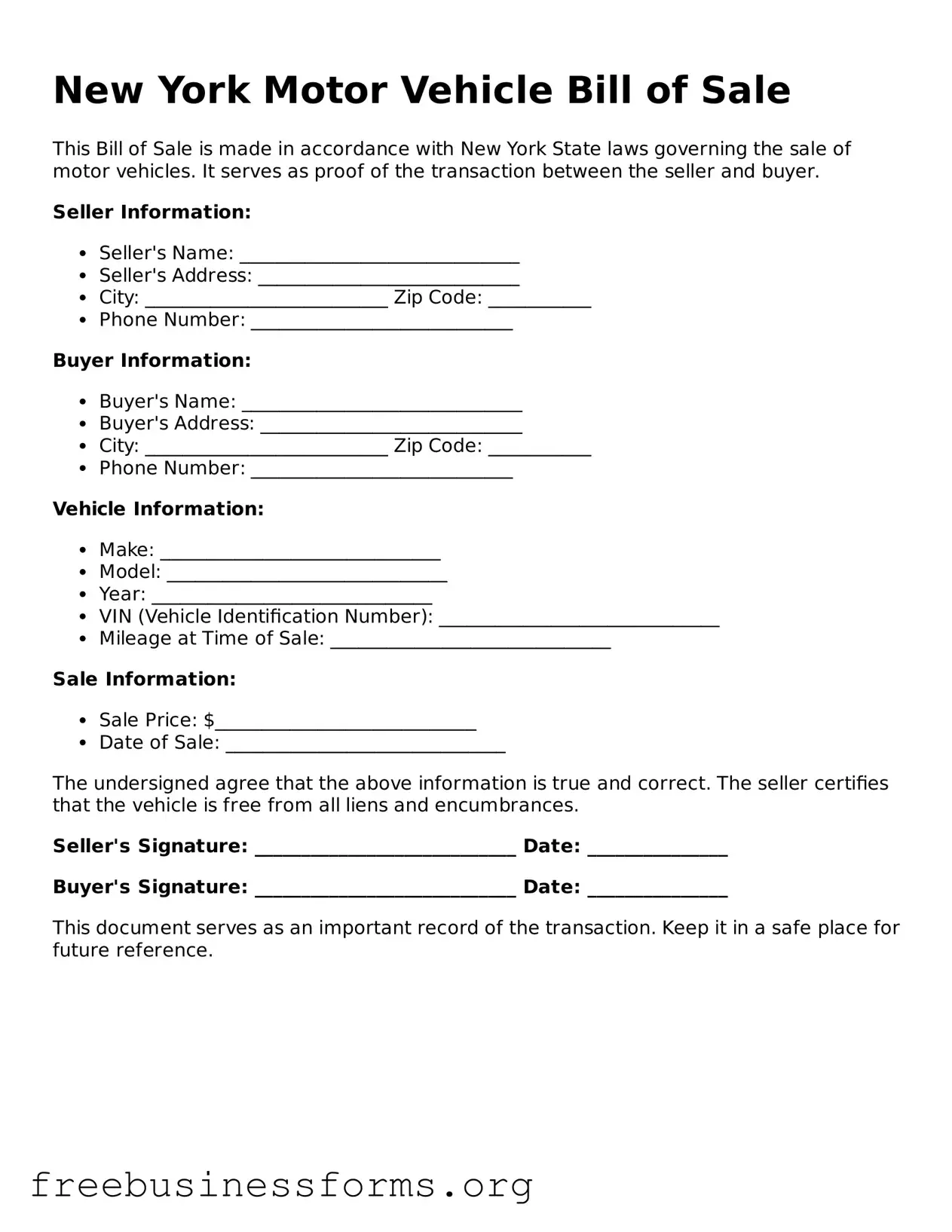 Blank  Motor Vehicle Bill of Sale Template for New York