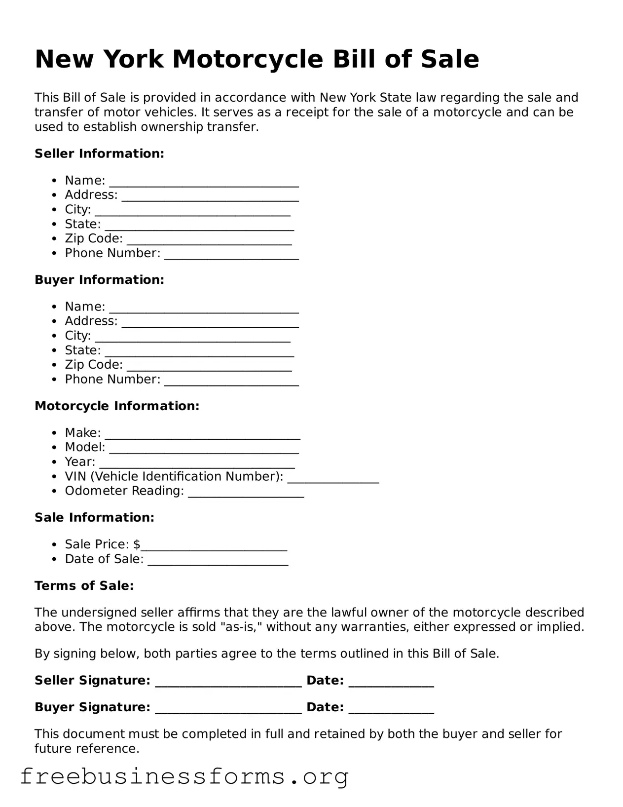 Blank  Motorcycle Bill of Sale Template for New York
