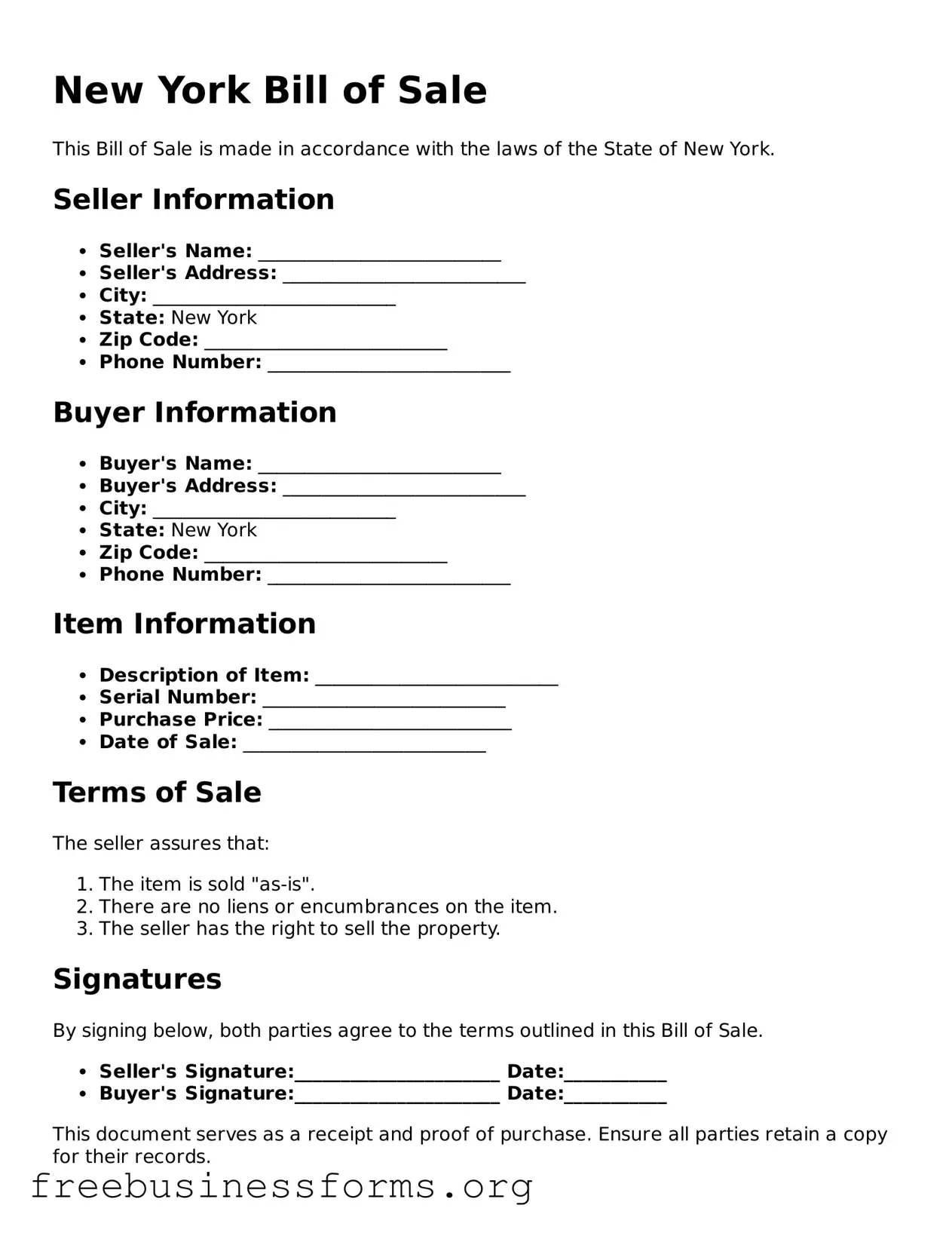 Blank  Bill of Sale Template for New York