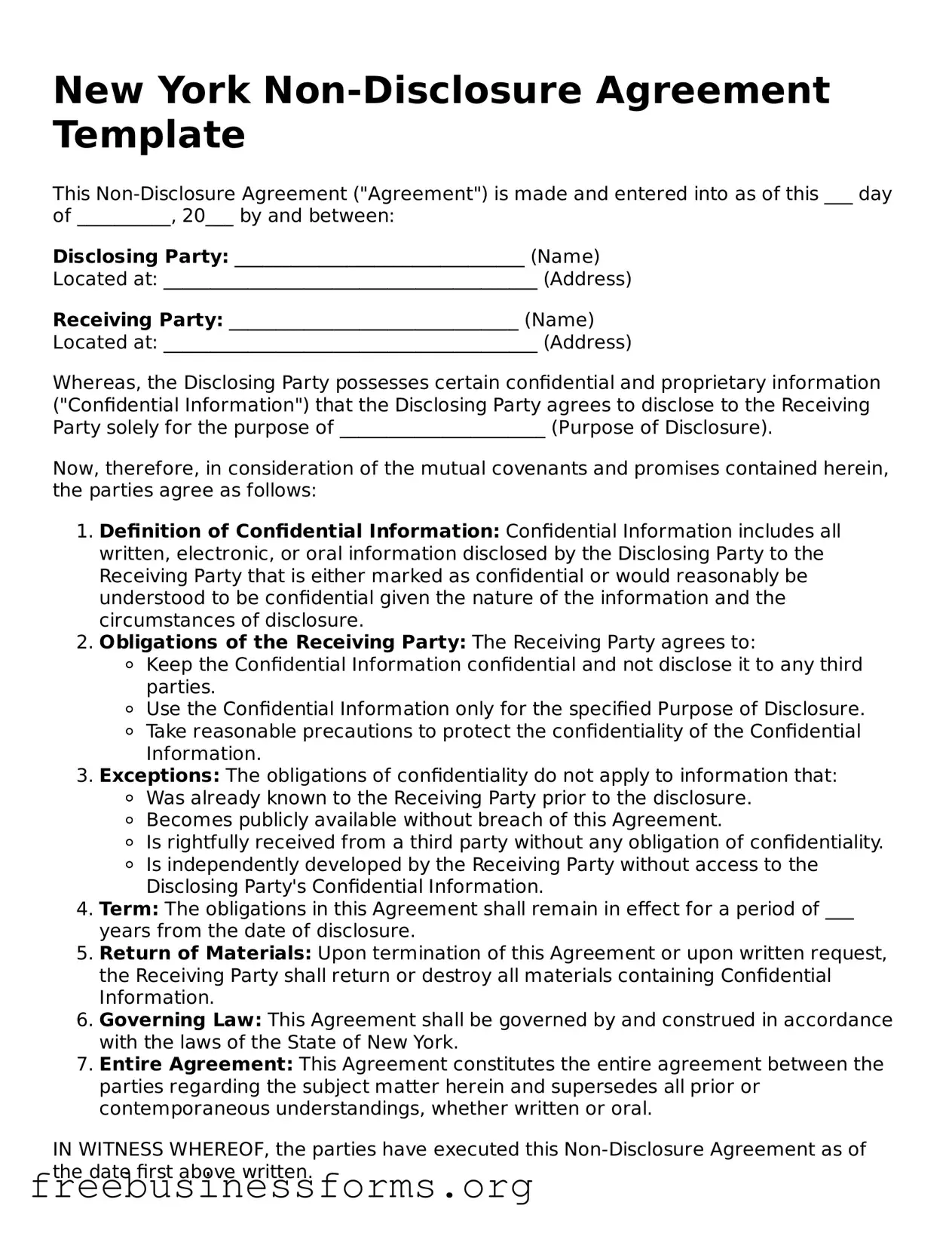 Blank  Non-disclosure Agreement Template for New York
