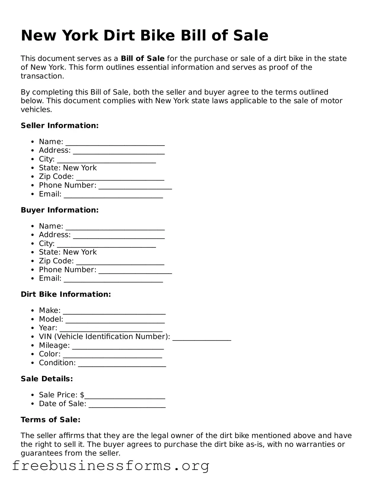 Blank  Dirt Bike Bill of Sale Template for New York
