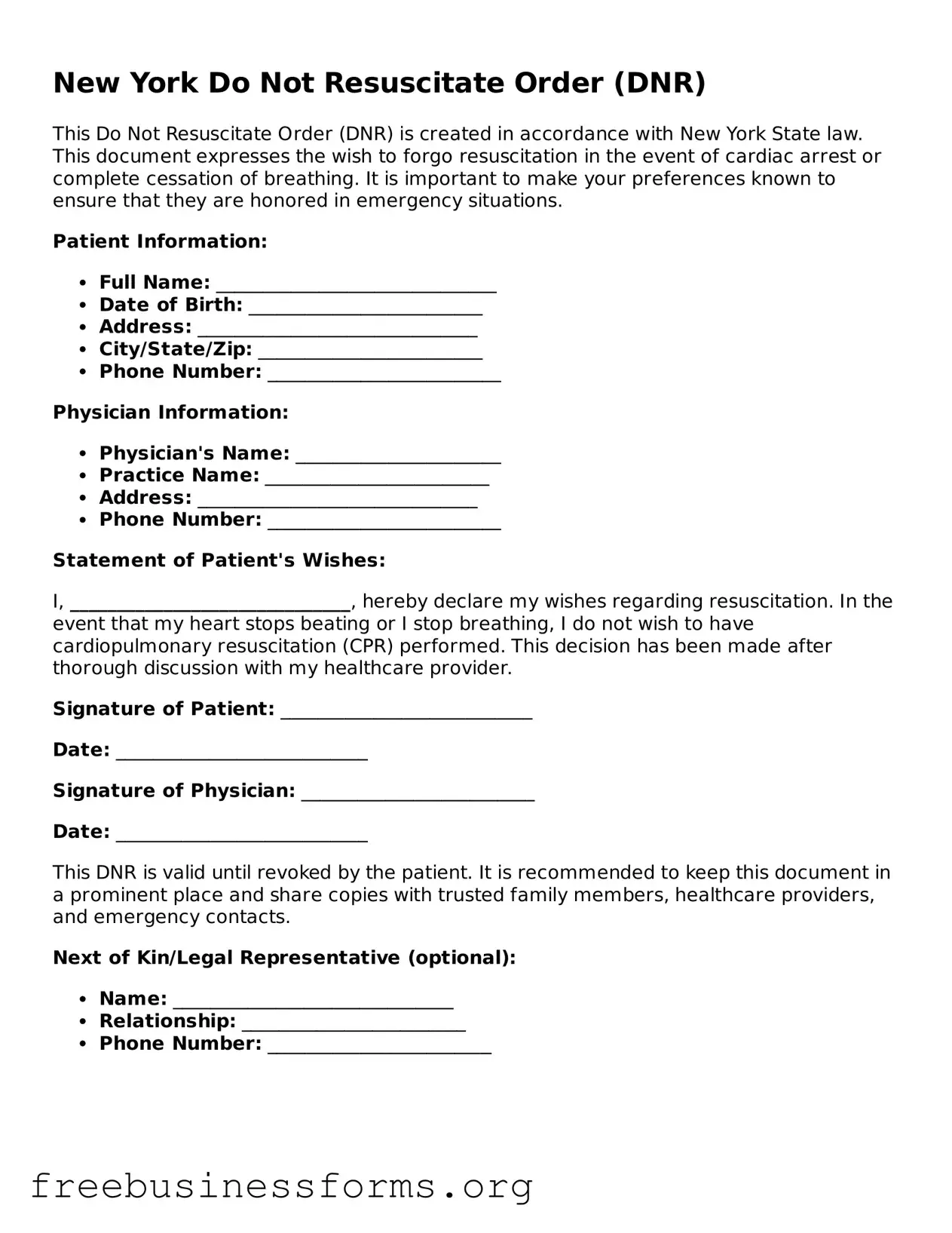 Blank  Do Not Resuscitate Order Template for New York