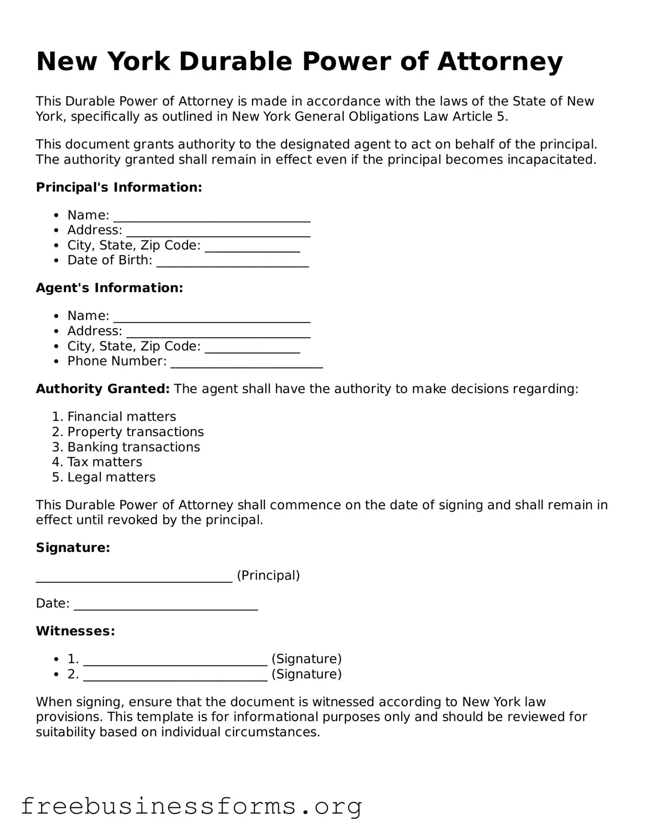 Blank  Durable Power of Attorney Template for New York