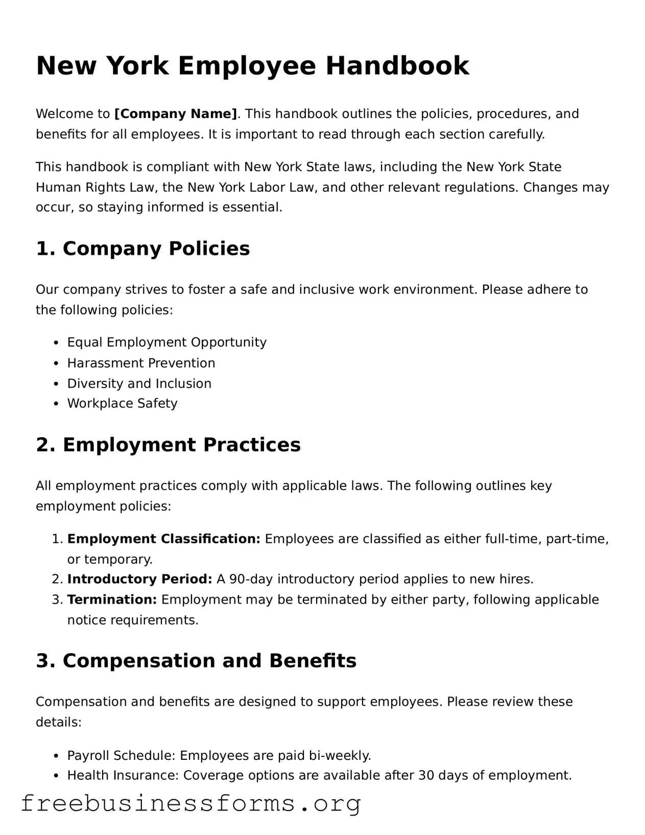 Blank  Employee Handbook Template for New York