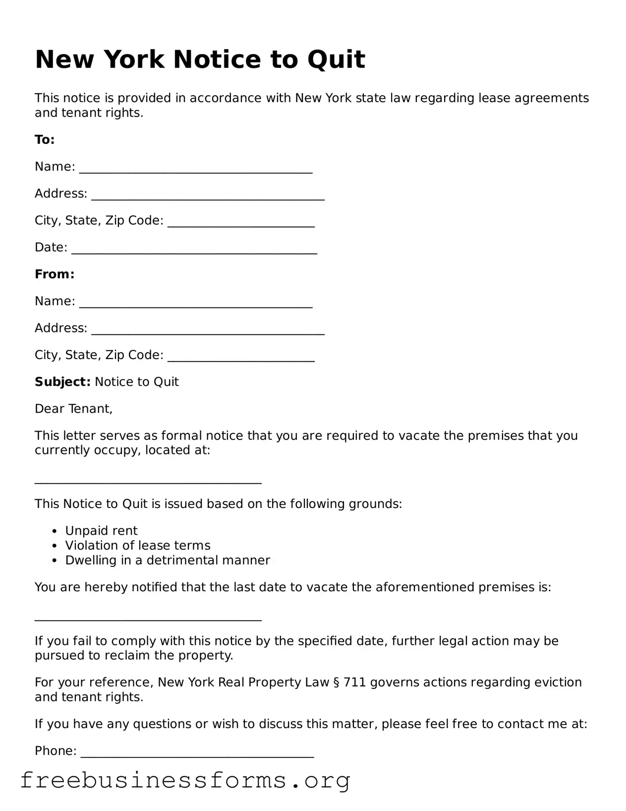 Blank  Notice to Quit Template for New York