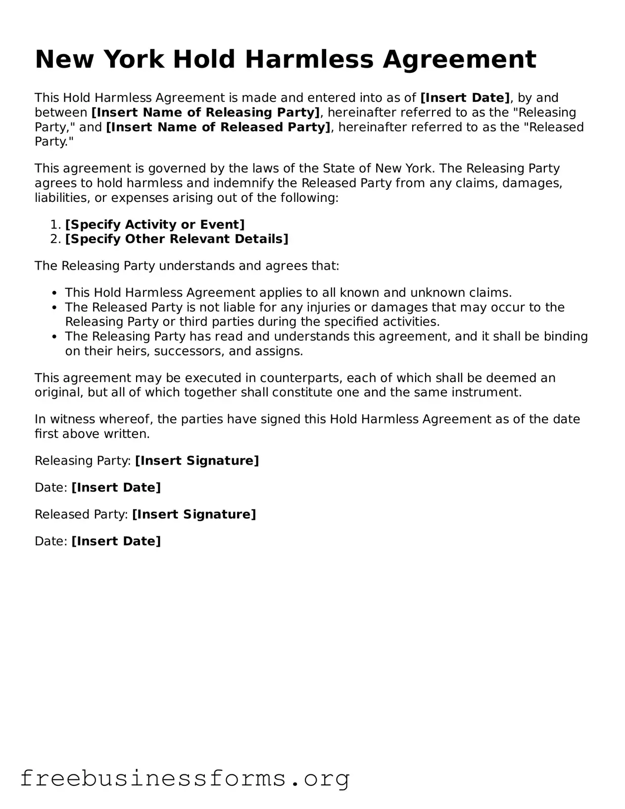 Blank  Hold Harmless Agreement Template for New York