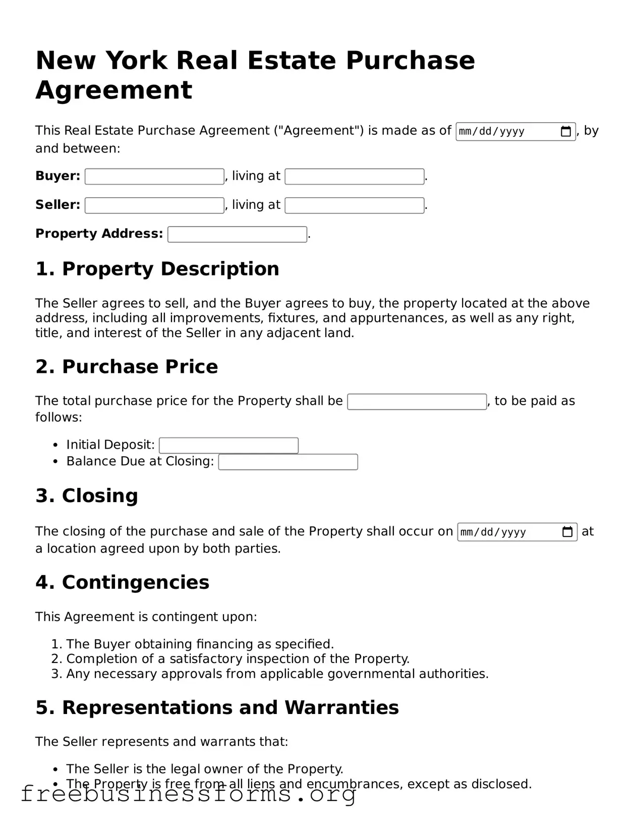 Blank  Real Estate Purchase Agreement Template for New York